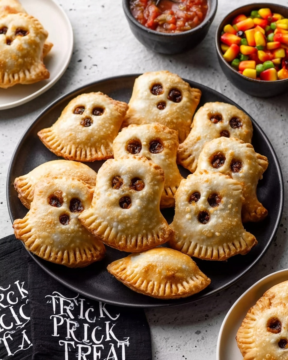A black plate holds about ten ghost-shaped pastries with golden-brown crusts, each with two round cut-out eyes revealing a dark filling inside. The edges of the pastries are pinched with fork marks. Around the plate are black napkins with white
