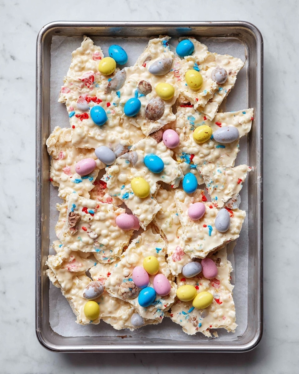 The image shows two pieces of white chocolate bark stacked on a white plate, placed on a white marbled surface. The bottom bark layer is creamy white with a bumpy texture, likely from puffed rice. The top bark layer is smooth white chocolate with colorful candy-coated chocolate pieces in red, blue, yellow, and brown scattered across it, some broken open to show their insides. The pieces of bark are irregularly shaped, with uneven edges. In the background, there are more pieces of the bark placed on the same white marbled surface, softly out of focus. Photo taken with an iphone --ar 4:5 --v 7