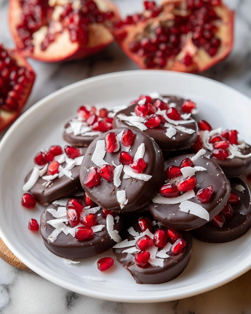 A white plate with an orange rim holds seven round dark chocolate discs, each topped with bright red pomegranate seeds and white coconut flakes. The chocolate discs have a smooth, glossy texture with light swirls on top. The pomegranate seeds are scattered unevenly across the discs, adding a bright, shiny contrast to the dark chocolate. The coconut flakes are thin, flat, and slightly curved, layered on top of the pomegranate seeds. In the background, there are open pomegranate halves and loose seeds scattered on a dark wood surface, but the main focus is the plate. The overall setting is on a white marbled texture. photo taken with an iphone --ar 4:5 --v 7