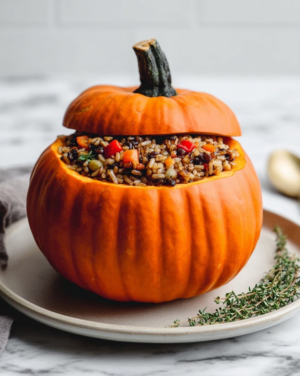 A medium-sized orange pumpkin with deep vertical grooves sits on a round black plate; its top has been removed and placed slightly tilted to the side, revealing the inside filled with a mixed stuffing of small chopped ingredients in brown, beige, red, and green colors creating a textured and colorful mix. The surface underneath is a white marbled texture with a sprig of green thyme on one side and a black and white striped cloth partially visible in the corner. The background is soft white tiles, giving a clean and bright look photo taken with an iphone --ar 4:5 --v 7