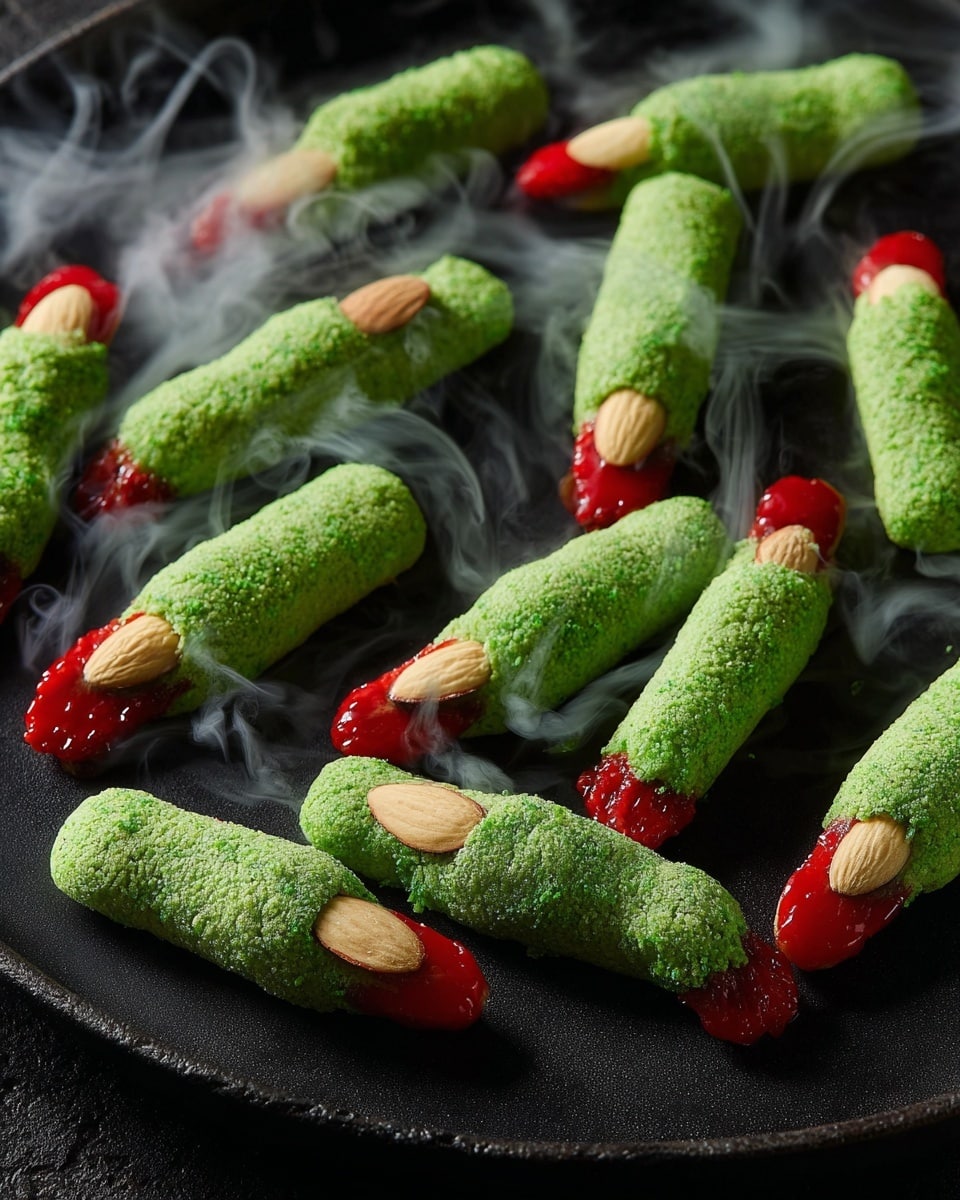 The image shows a black round plate on a white marbled surface with several green finger-shaped cookies arranged on it. Each cookie is textured with small indentations to look like knuckles and has an almond slice at one end to mimic a fingernail. The opposite end of each cookie is dipped in red icing to resemble blood. There is some white cheesecloth partially under the plate with a black fake spider on the right side. Thin wisps of steam rise from the cookies, giving a fresh-baked look. photo taken with an iphone --ar 4:5 --v 7