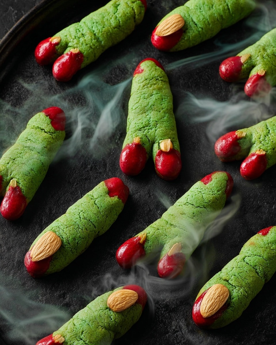 The image shows a black pan filled with several green cookie fingers that look like witch fingers. Each finger has a rough, bumpy texture and some small wrinkles to make them look like real fingers. The base of each finger is colored dark red to look like blood and a finger tip, with a red almond slice placed on the tip as a fingernail. There is light smoke rising from the pan, showing the cookies are freshly baked. The background is a white marbled texture. photo taken with an iphone --ar 4:5 --v 7