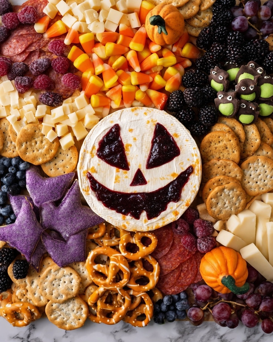 A round soft cheese wheel in the center with a spooky face carved and filled with dark red jam for eyes, nose, and mouth; surrounding it are layers of various foods including orange and white cheddar cheese cubes, orange candy pumpkins, purple and green decorative cookies shaped like bats and pumpkins, candy corn, slices of pepperoni, round and square crackers, orange-striped pretzels, dark grapes, black olives with candy eyes, blueberries, blackberries, and white cheese cut into stars and bats scattered over the top; all arranged neatly on a white marbled surface photo taken with an iphone --ar 4:5 --v 7
