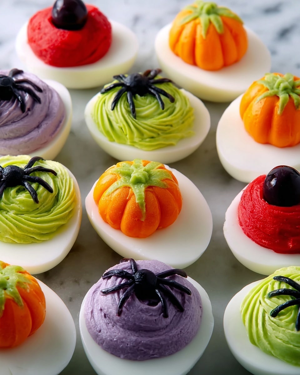 The image shows several halved white eggs filled with colorful creamy layers. One egg has a smooth purple filling topped with black olive slices shaped like a spider, with a whole black olive body in the center and eight olive legs stretching outwards. Another egg has a bright red creamy filling decorated with a single black olive slice in the center. More eggs with lime green and orange fillings are partially visible around the main ones. All eggs rest on a white marbled surface. photo taken with an iphone --ar 4:5 --v 7