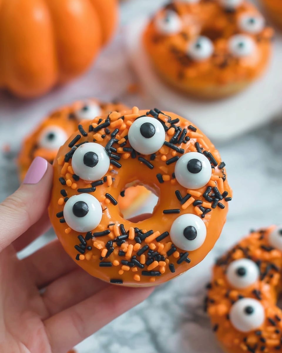 The image shows a donut with bright orange icing as the top layer, covered with small black and orange sprinkle rods scattered all around. On top of the icing, there are several white candy eyes of different sizes with black centers, giving it a fun, spooky look. The donut has a round shape with a hole in the middle, and a woman's hand is holding it up close. In the background, parts of more orange icing donuts with candy eyes are visible on a white marbled surface, and there is an orange pumpkin shaped object blurred in the corner. Photo taken with an iphone --ar 4:5 --v 7