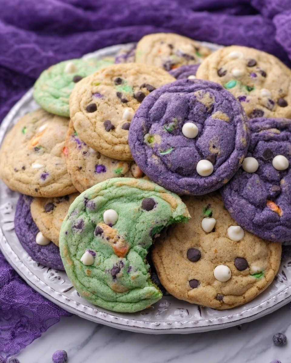 A large round silver plate filled with three types of cookies layered in a mix. The first layer shows light brown cookies with small dark chocolate chips and colorful candy sprinkles on top. The second layer has bright green cookies with similar small dark chocolate chips and colorful candy sprinkles. The third layer features purple cookies with the same kind of chips and sprinkles. The cookies look soft and slightly thick with a rough texture. The plate is placed on top of a white marbled surface covered partly by a purple mesh cloth. Photo taken with an iphone --ar 4:5 --v 7