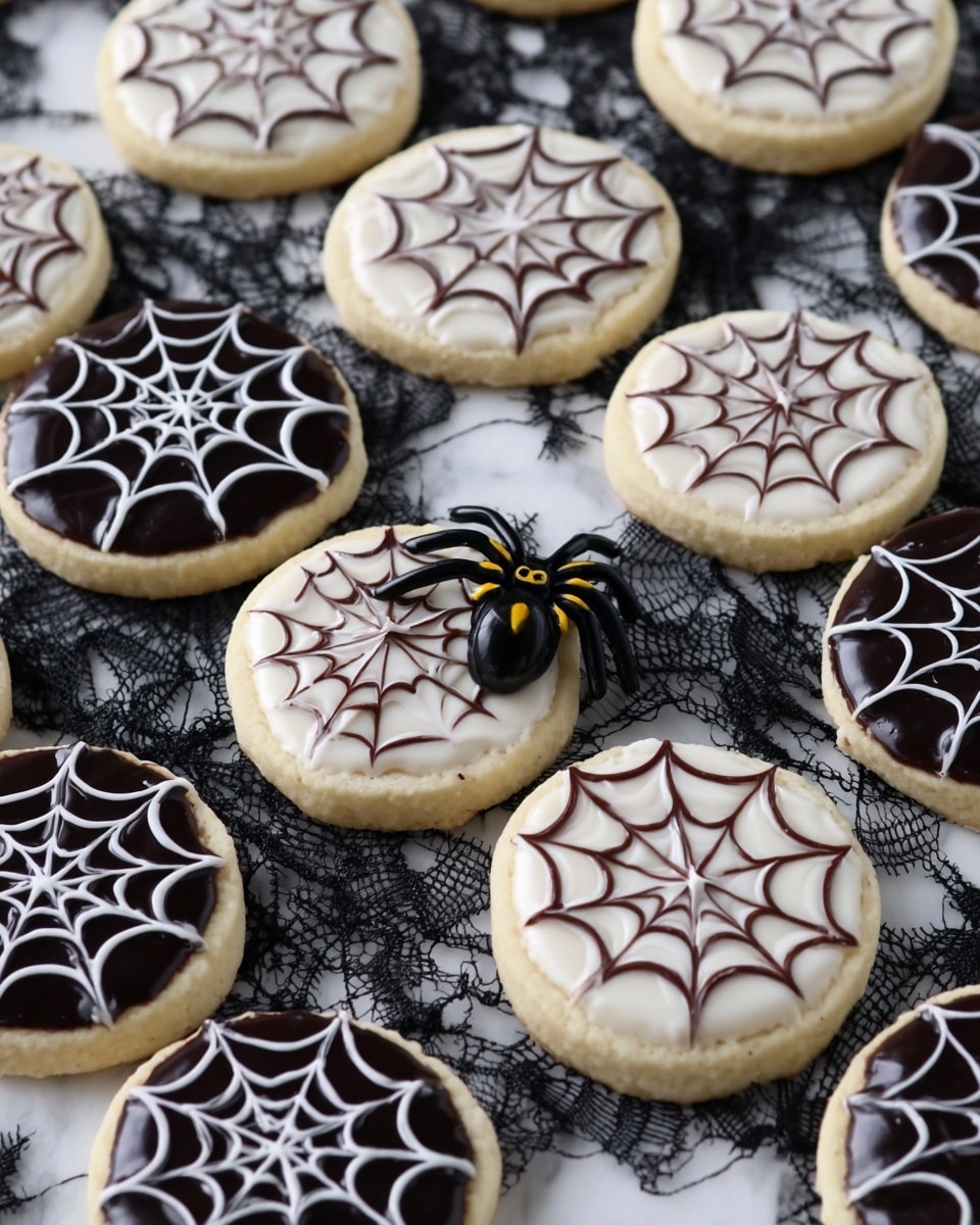 The image shows many round cookies arranged on a white marbled surface covered with a black spider web pattern. Each cookie has two layers: the base is pale and soft-looking, while the top layer is either dark chocolate or white icing. On the top layer, spider web designs are drawn with contrasting icing—white on dark chocolate and chocolate brown on white icing—making five or six web lines from the center to the edges, connected by circular lines. A small black plastic spider with a shiny yellow body is placed among the cookies. The scene is well lit and sharp. Photo taken with an iphone --ar 4:5 --v 7