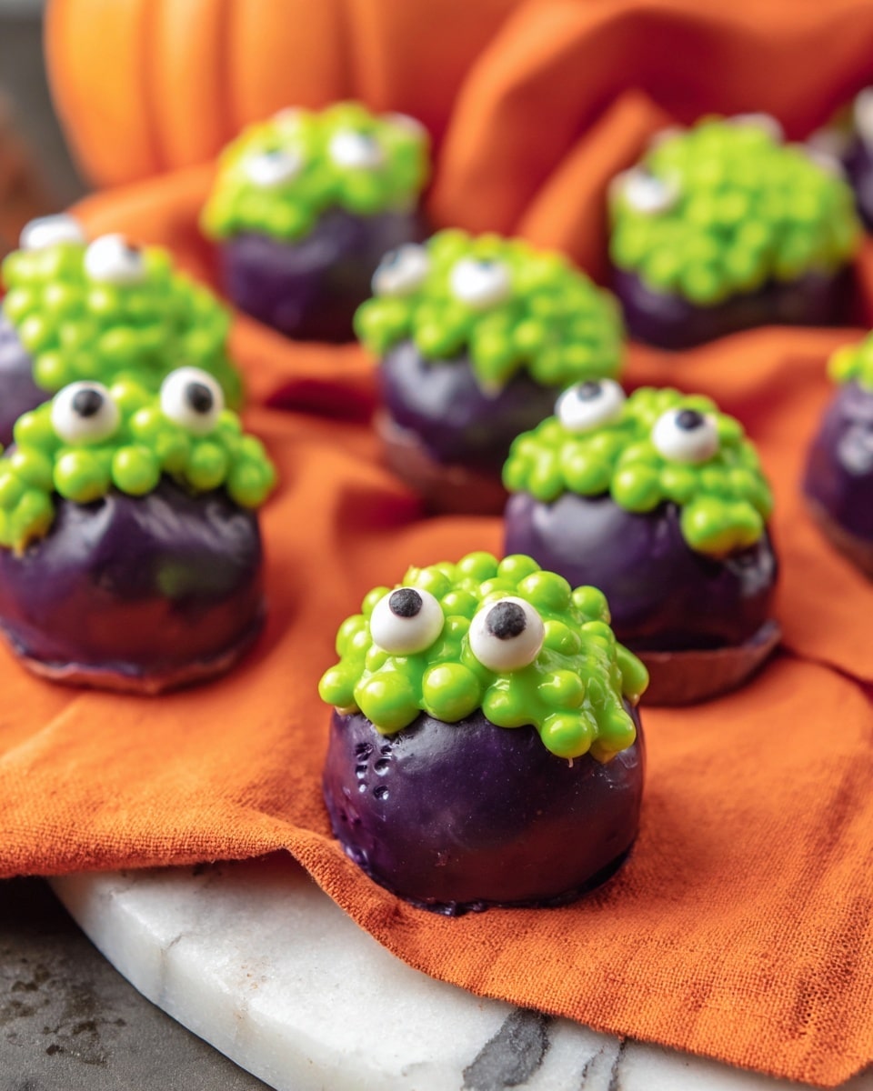 The image shows several small round treats sitting on an orange cloth with a white marbled surface underneath. Each treat has a dark purple smooth base layer with a shiny texture. On top of this base is a bright green icing layer shaped irregularly, dotted with small round green beads giving it a bumpy look. Two white and black candy eyes are placed on the green icing, giving each treat a funny face. The treats are grouped closely together, with some placed further back and slightly blurred. Photo taken with an iphone --ar 4:5 --v 7