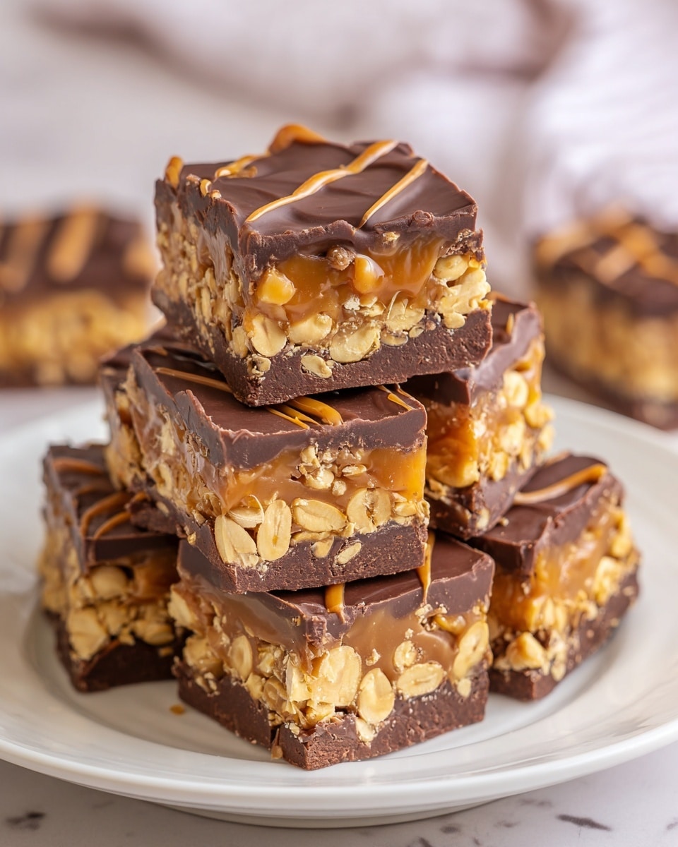 A stack of square chocolate peanut bars sits on a white plate. Each bar has three clear layers: a bottom dark chocolate layer, a thick middle layer packed with golden peanuts held together by caramel, and a smooth dark chocolate top layer with a few caramel drizzles. The edges show the nuts and caramel peeking out between the chocolate layers. The background is soft and blurry, with a white marbled texture under the plate. photo taken with an iphone --ar 4:5 --v 7
