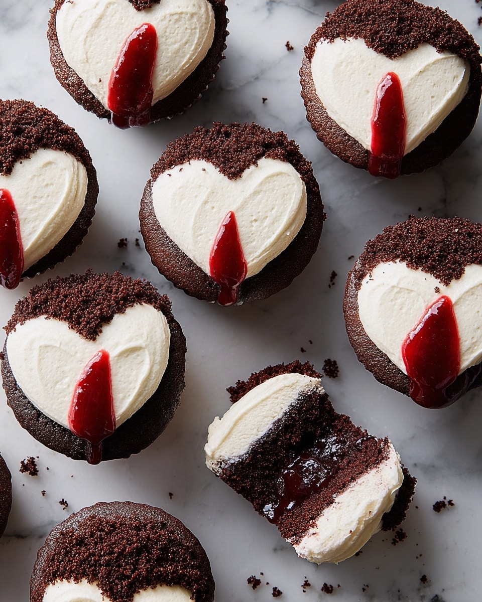 Three chocolate cupcakes with thick white frosting are shown on a dark surface. Each cupcake has a sprinkle of crushed chocolate crumbs on one side of the frosting and two vertical red syrup lines that look like dripping blood on top. One cupcake is cut in half, revealing a rich red jelly filling inside that is oozing slightly. The dark chocolate cake layers have a moist texture, and the white frosting is fluffy and smooth. The background is changed to a white marbled texture. photo taken with an iphone --ar 4:5 --v 7