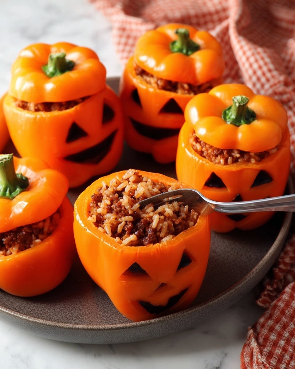 Four orange bell peppers carved with jack-o'-lantern faces sit closely on a white plate on a white marbled surface. Each pepper's top has been removed and placed to the side. One pepper in the front is filled with a brown ground meat and rice mixture, and a silver fork is inside it, ready to scoop. The peppers have a smooth, shiny texture and the carved faces show triangle eyes and a jagged smile. The background includes a red and white checked cloth, adding a cozy touch. Photo taken with an iphone --ar 4:5 --v 7