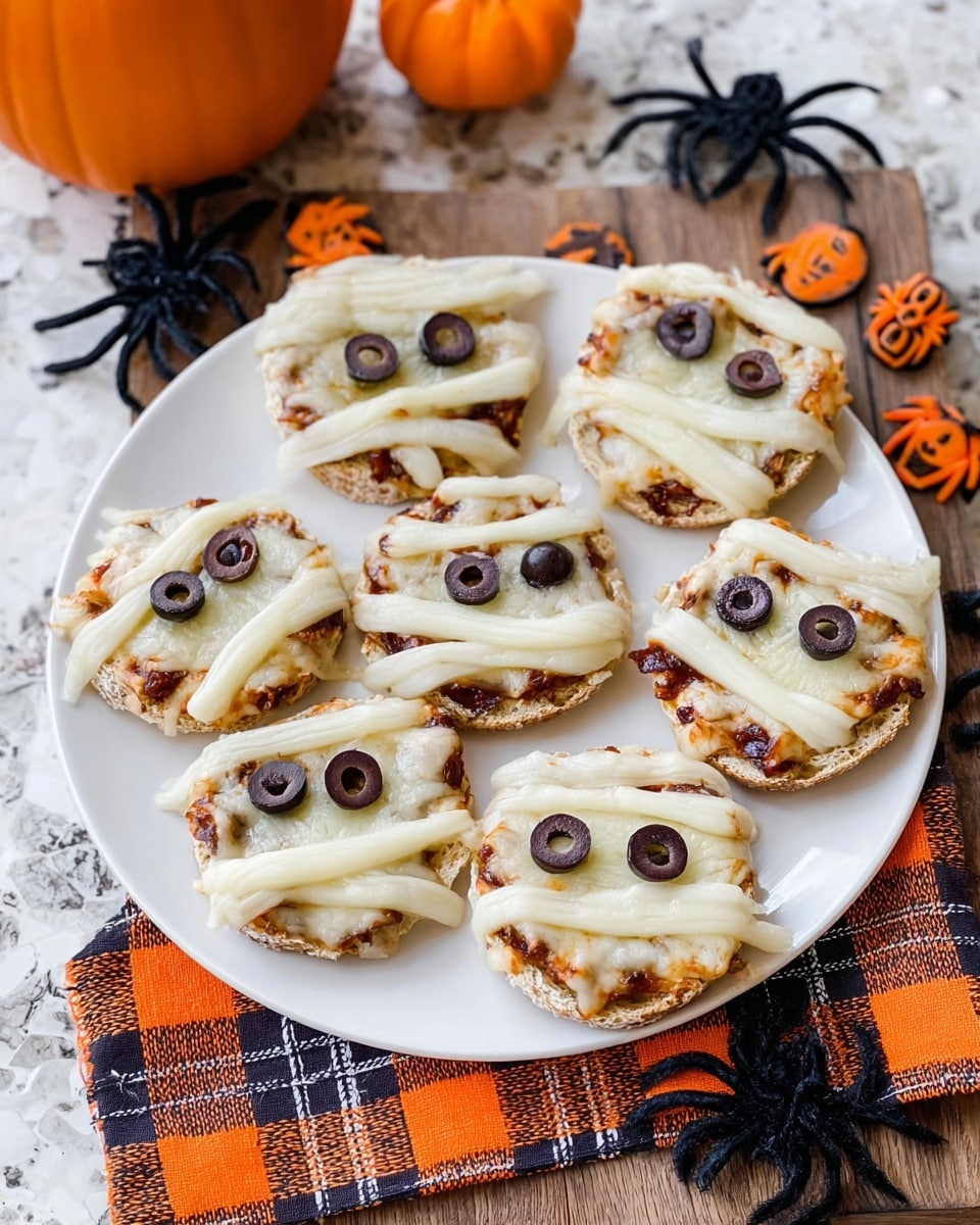 The image shows several mini pizzas on a white plate. Each mini pizza has two layers: a thick, light brown crust layer at the bottom that looks slightly rough, and a melted white cheese layer on top that spills over the edges with some slight browning. On top of each cheese layer, there are two olive slices placed as eyes, some green and some dark purple, adding a fun detail. The plate is placed on a black and white checkered cloth, with small orange and black plastic spiders and Halloween decorations around it. The overall setting gives a festive, Halloween feeling with a white marbled surface underneath. Photo taken with an iphone --ar 4:5 --v 7