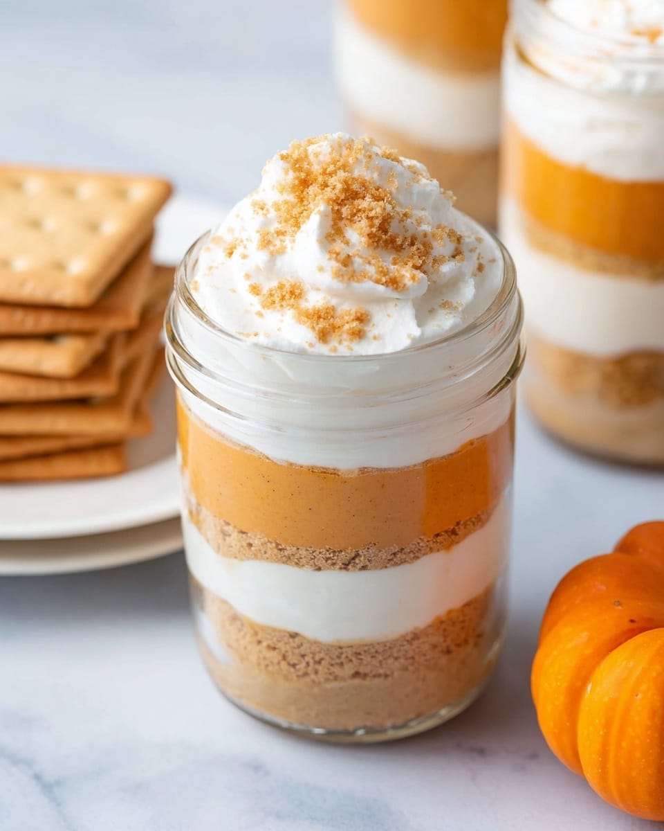 The image shows a dessert in a clear glass jar with five visible layers. From the bottom up, the first layer is a light brown crumbly texture, the second layer is a smooth orange pumpkin color, the third layer is a thick white creamy layer, the fourth layer is another crumbly light brown layer, and the fifth layer is a light orange pumpkin layer topped with a thick white whipped cream sprinkled with light brown crumbs. The jar is placed on a white marbled surface alongside a small white plate with light brown graham crackers and a small orange pumpkin nearby. Photo taken with an iphone --ar 4:5 --v 7