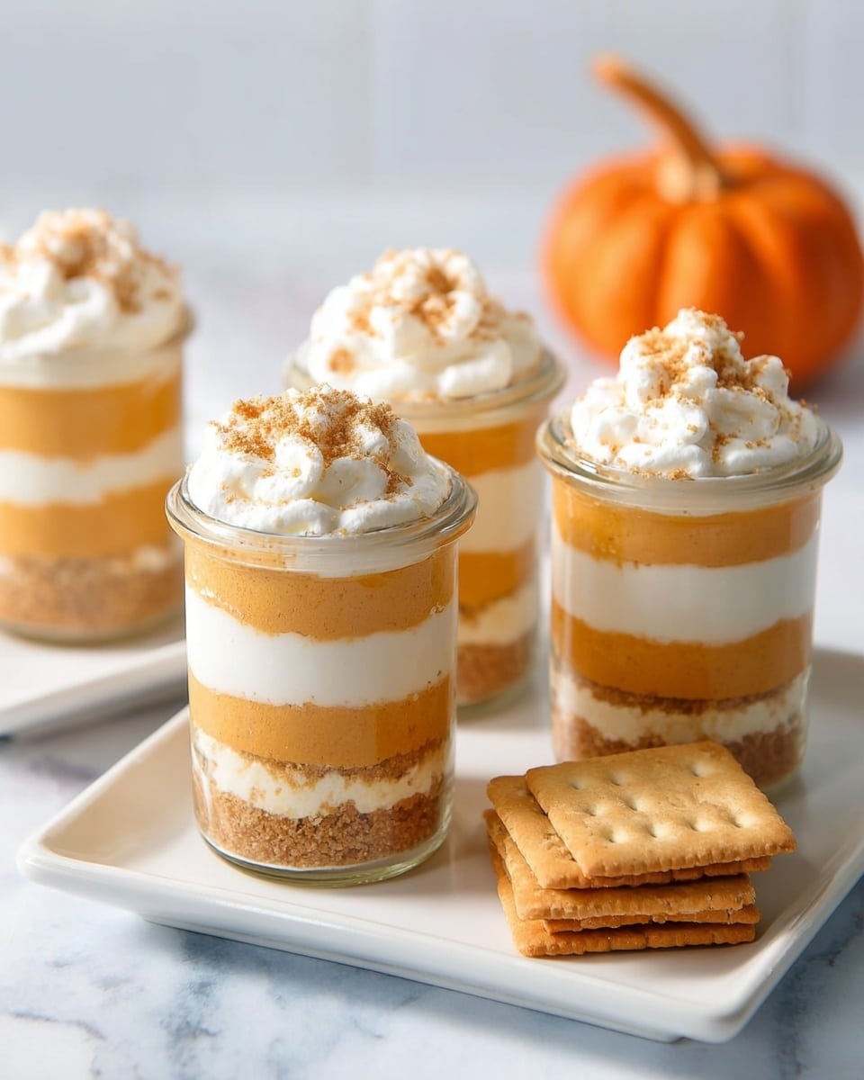 Four small glass jars sit on a white square plate on a white marbled surface. Each jar has five distinct layers: at the bottom, a light brown crumbly layer, followed by a thick smooth orange layer, then a white creamy layer, another light brown crumbly layer, and finally topped with fluffy white cream sprinkled with small brown crumbs. Next to the jars on the plate are three light brown rectangular crackers stacked unevenly and one small orange pumpkin. The background is softly blurred. photo taken with an iphone --ar 4:5 --v 7