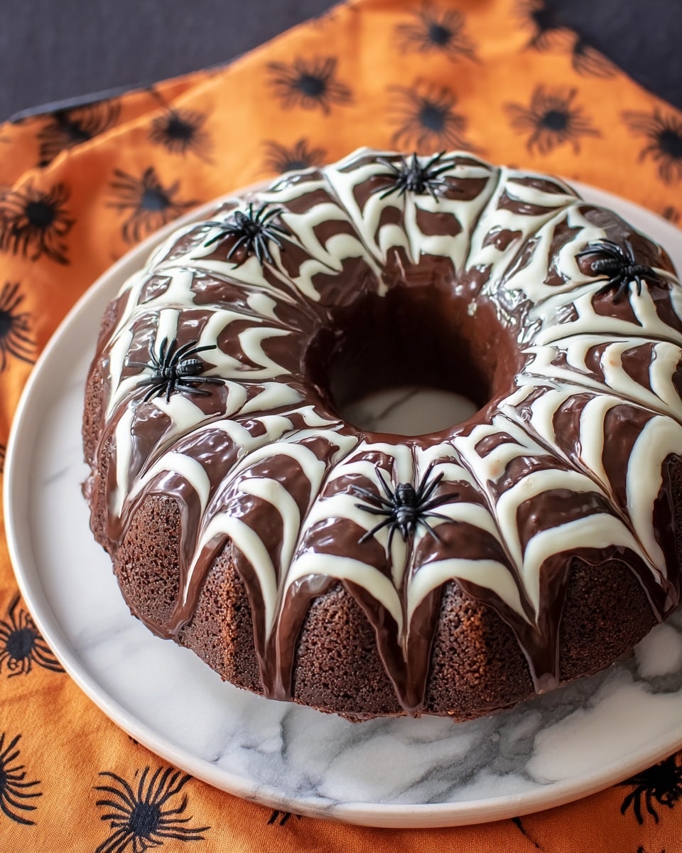 A round chocolate bundt cake with a smooth dark chocolate glaze on top is decorated with white icing in a spiderweb pattern that radiates from the center hole to the edges, creating alternating thick dark and white bands with pointed tips. The cake has several small black plastic spiders placed evenly around the top, adding a spooky Halloween touch. The cake sits on a simple white plate, all placed on a white marbled surface with part of an orange fabric with black spider designs visible around the edges. Photo taken with an iphone --ar 4:5 --v 7