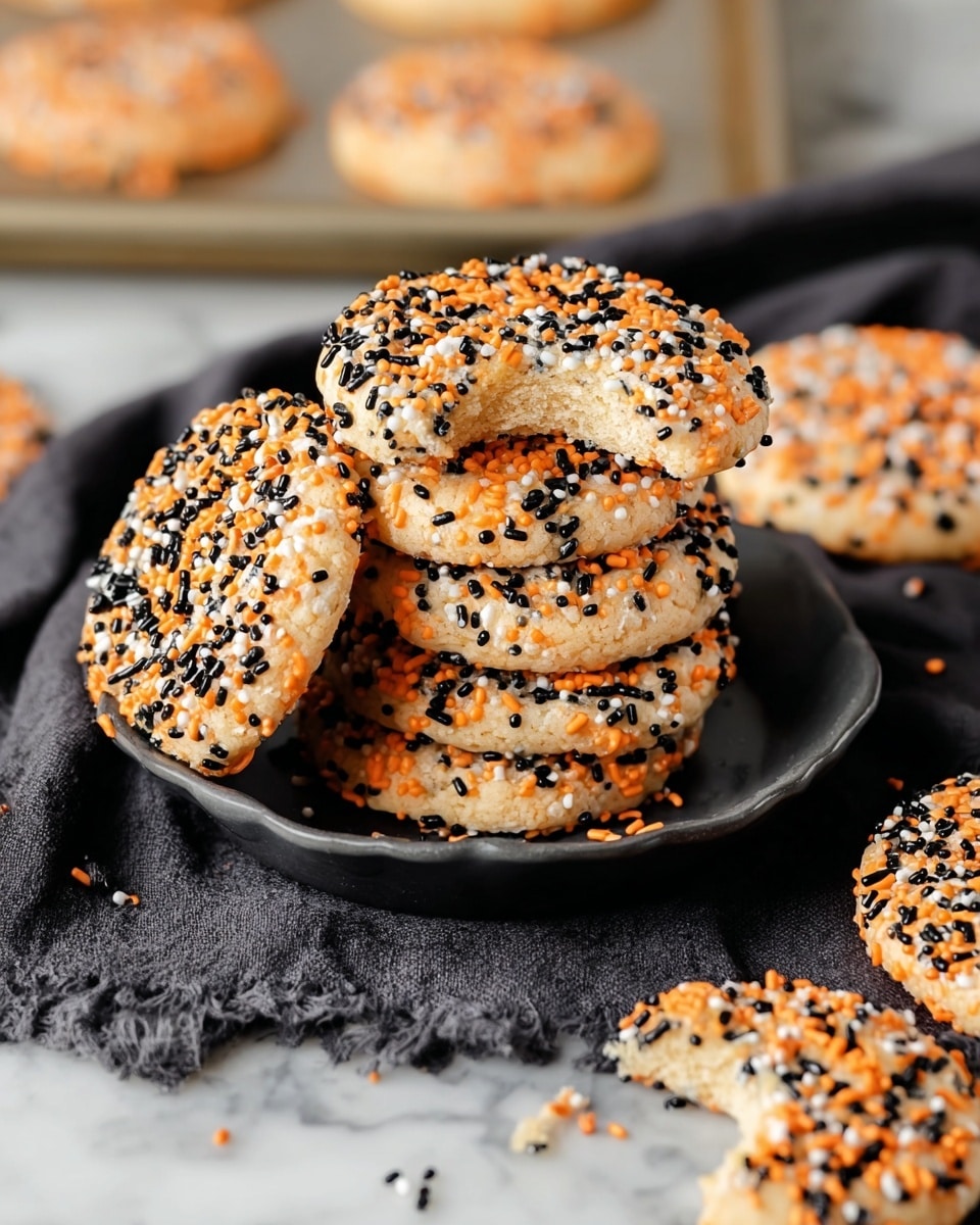 A stack of round cookies covered in orange and black sprinkles sits inside a small black dish, with one cookie leaning against the stack and showing a bite mark. The cookies have a light golden-brown color and a slightly rough texture. More orange and black sprinkles are scattered on a dark cloth below the dish and around the cookies. In the background, additional cookies lie on a baking tray with a soft focus. The whole scene is placed on a white marbled surface. photo taken with an iphone --ar 4:5 --v 7