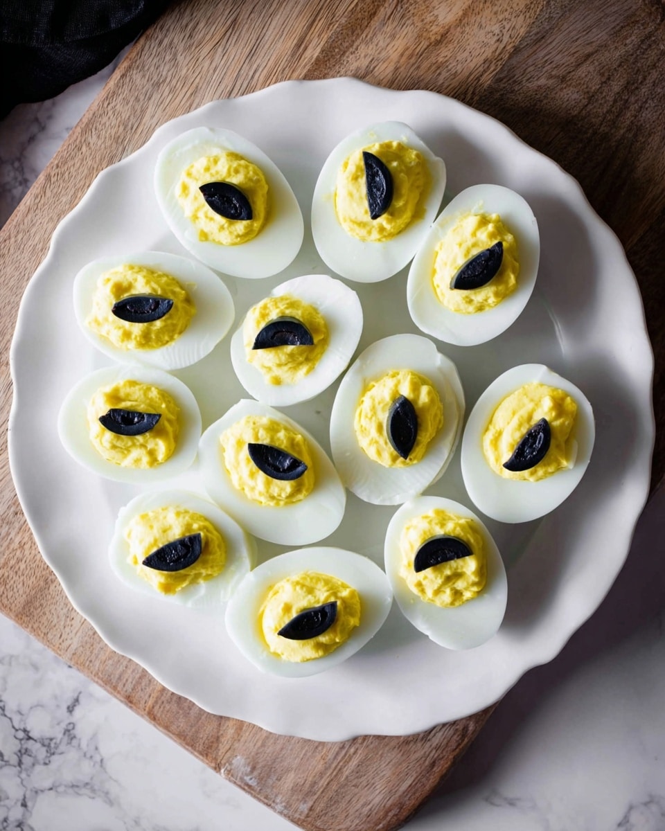 A white ornate plate holds ten halved boiled eggs with bright yellow creamy filling in the center of each egg white. Each yellow filling is topped with a small black olive slice placed vertically. The plate sits on a wooden board with white spider webs and black spider decorations around it on a dark surface. The scene looks like a Halloween-themed setup. photo taken with an iphone --ar 4:5 --v 7