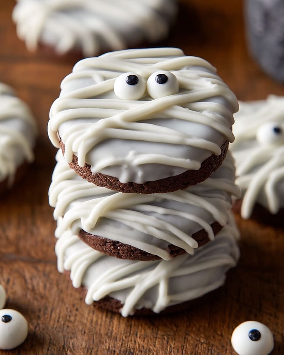 A stack of three round chocolate cookies, each covered in smooth white icing that looks like mummy wrappings with thin white icing lines layered over the top in crisscross patterns. Each cookie has two small white candy eyes with black dots placed near the top, giving them a playful mummy face. The stack sits on a wooden table, with a few more decorated cookies and loose candy eyes scattered around. The focus is on the stacked cookies, showing the texture of the smooth icing and detailed icing lines. Photo taken with an iphone --ar 4:5 --v 7