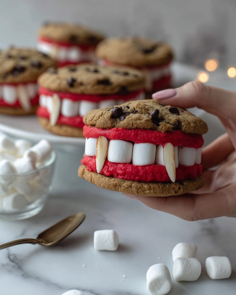 The image shows a close-up of a woman's hand holding a cookie sandwich styled like a mouth. The sandwich has two thick chocolate chip cookies as the top and bottom layers, with bright red icing in the middle, acting as gums. Between the cookies, small white marshmallows are placed in a row to look like teeth. Two almond slices are used as sharp-looking fangs protruding from the marshmallow teeth. In the background, more cookie sandwiches with the same design sit on a white plate on a white marbled surface. There is also a small glass bowl filled with mini marshmallows and some loose mini marshmallows scattered nearby, with a hand partially visible holding a spoon. The scene is softly lit, giving a cozy feel. Photo taken with an iphone --ar 4:5 --v 7