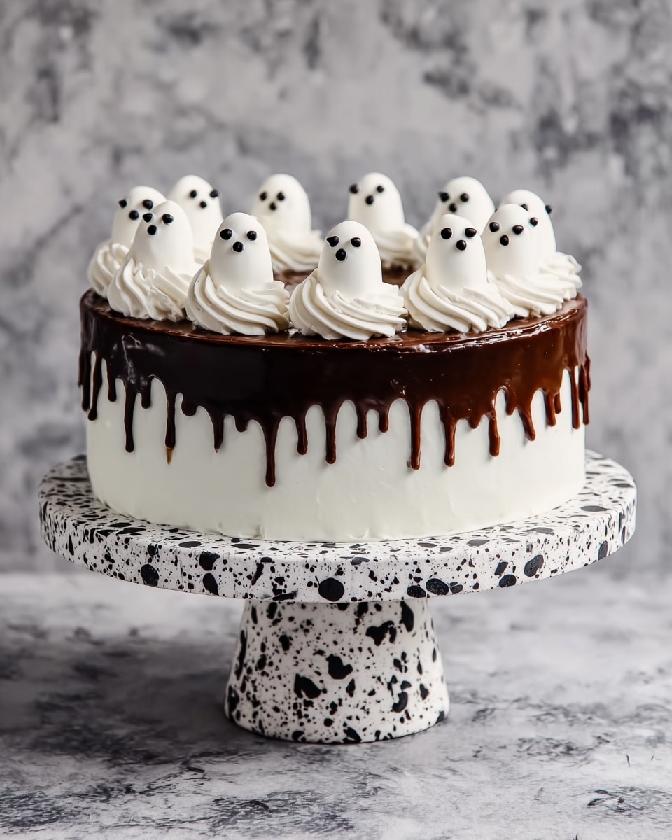 A round cake with a smooth white frosting covering the sides and base, topped with a glossy dark chocolate layer that drips slightly over the edges creating uneven drips. On top, there are two rows of small white whipped cream dollops, each decorated with tiny black dots that look like eyes and mouths, resembling small ghosts. The cake sits on a white speckled cake stand with black irregular spots. The background and surface have a white marbled texture. photo taken with an iphone --ar 4:5 --v 7