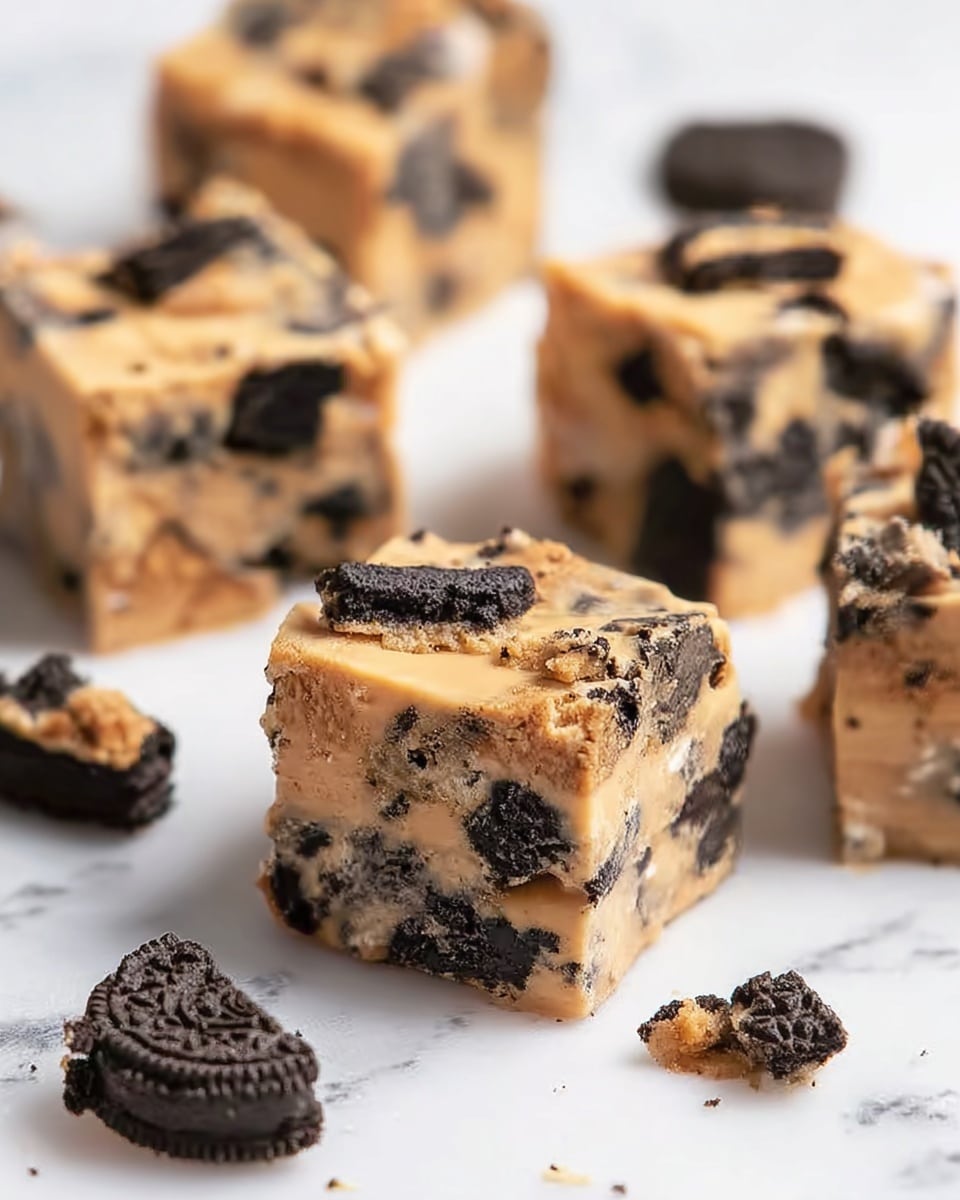A stack of three square peanut butter fudge pieces with visible chunks of black and orange sandwich cookies mixed throughout. The fudge has a smooth, creamy texture and a light brown color, contrasted by the dark cookies with bright orange filling inside. The stack is centered on a white marbled surface with scattered pieces of the same cookies placed around in the background, some whole and some broken, with several more fudge squares blurred behind. The photo is well-lit and focused on the stack, showing the texture and layers clearly, photo taken with an iphone --ar 4:5 --v 7