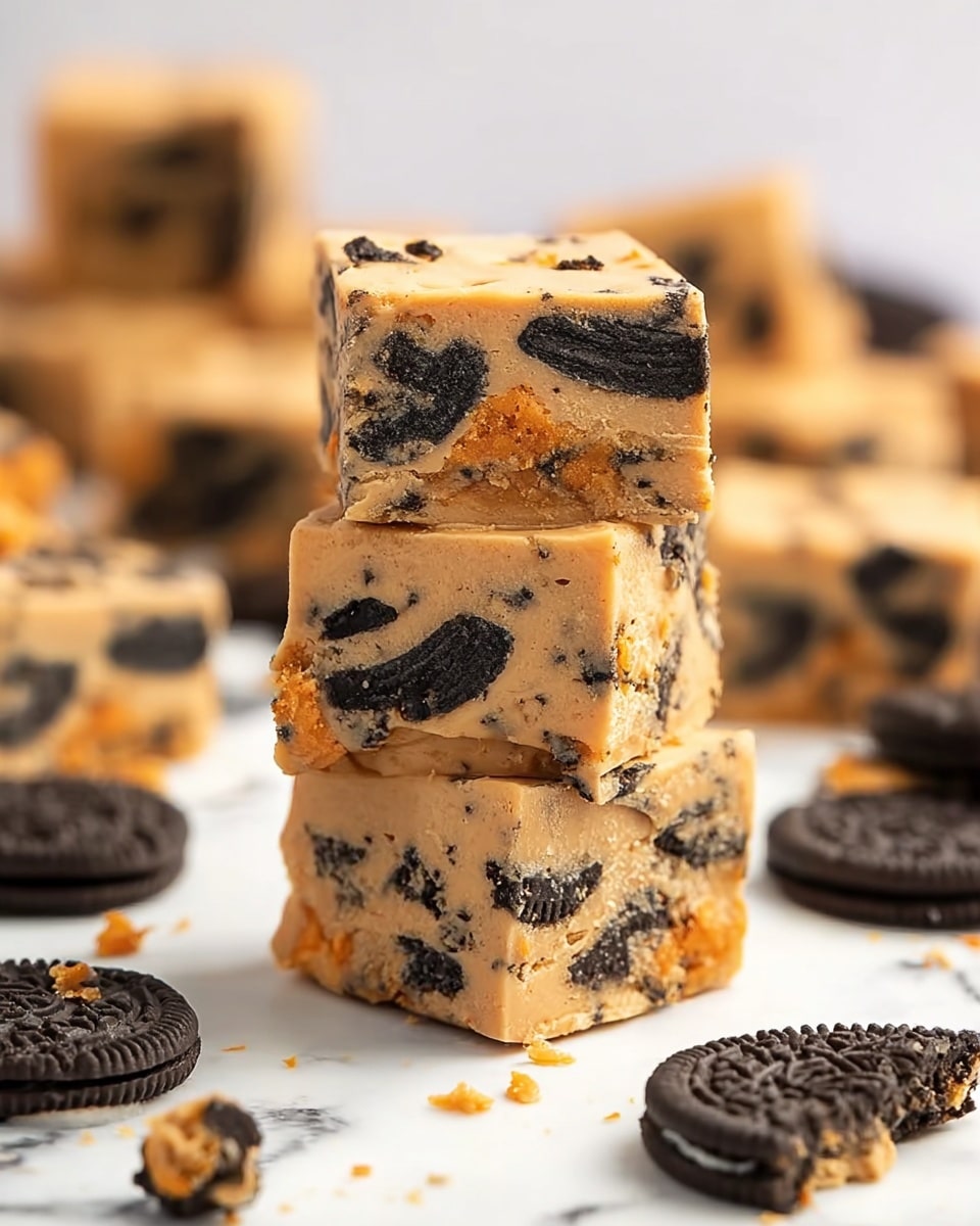 The image shows several square pieces of fudge with a creamy, light brown base mixed with chunks of dark, crumbly cookie pieces throughout each piece. Each piece has irregular black cookie bits embedded inside, creating a rough texture contrasted with the smooth brown fudge. The fudge squares are arranged on a white marbled surface, with some whole and some broken cookie pieces scattered around. The focus is on the front square piece, with others softly blurred in the background, showing the mixed layers of fudge and cookie clearly. Photo taken with an iphone --ar 4:5 --v 7