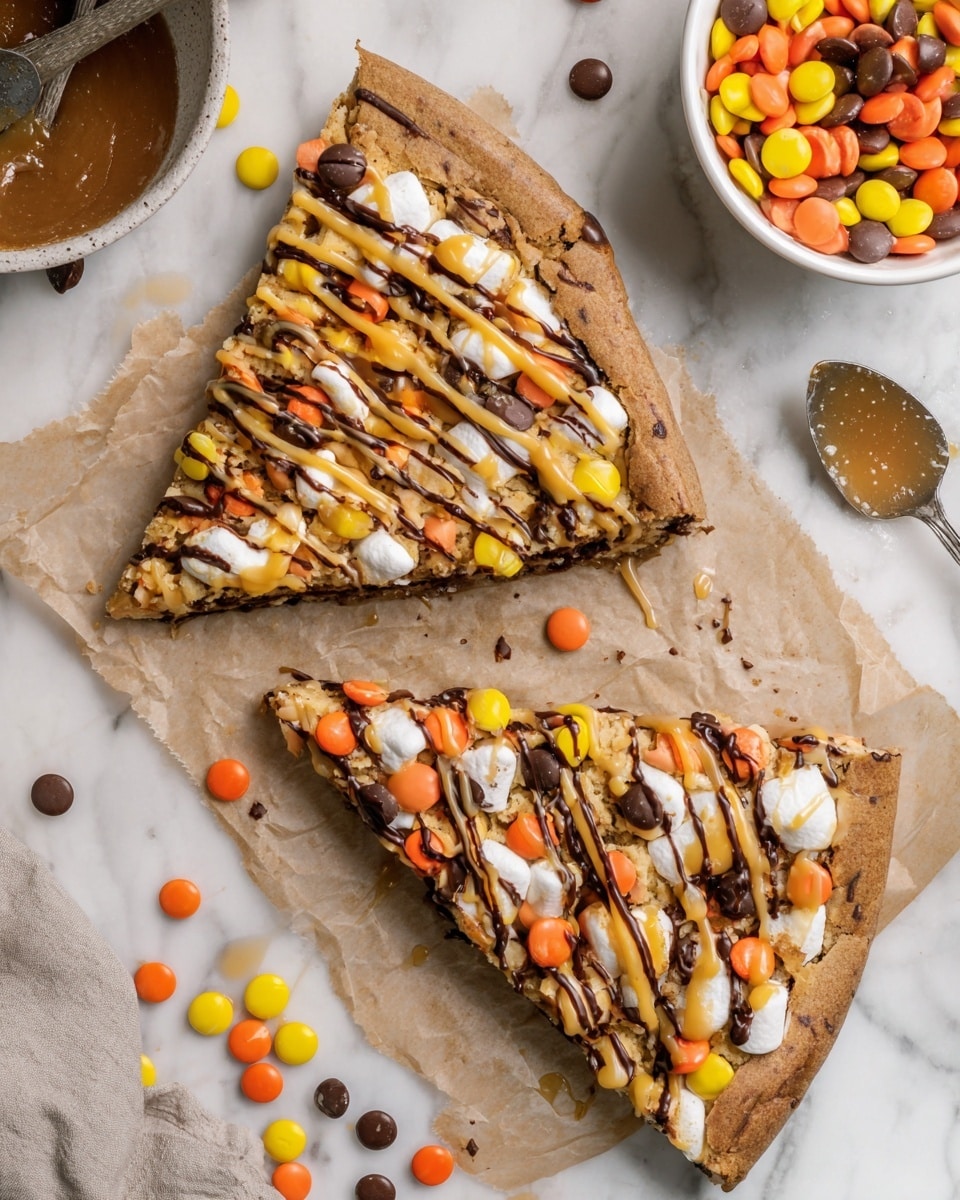 Two large triangular slices of cookie pizza sit on wrinkled brown parchment paper over a white marbled surface. Each slice has a thick, light brown cookie base topped with scattered white marshmallows, drizzles of yellow caramel sauce, and thin streams of dark chocolate. Bright orange, yellow, and dark brown candy-coated chocolate pieces are spread across the top of both slices and scattered around the parchment. To the top right, a white bowl filled with the same colorful candies is partially visible. A metal spoon with caramel sauce rests nearby. Photo taken with an iphone --ar 4:5 --v 7