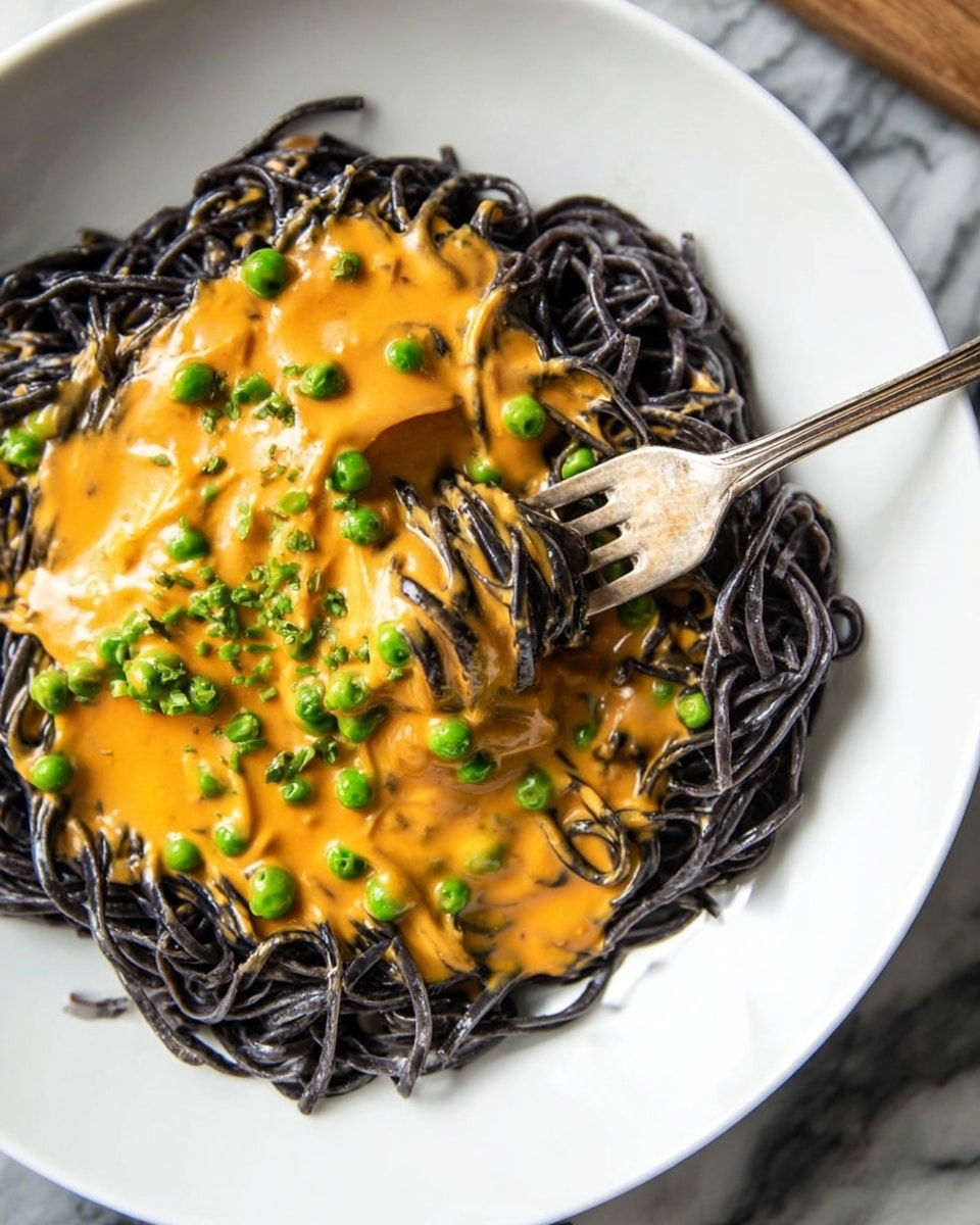 A white plate with a large serving of black noodles spread in a circular shape. On top of the noodles is a thick orange sauce mixed with cream and scattered green peas, creating a creamy and colorful texture. A fork is twirling some noodles and sauce together near the center of the plate. The whole dish is set on a white marbled surface. The photo taken with an iphone --ar 4:5 --v 7