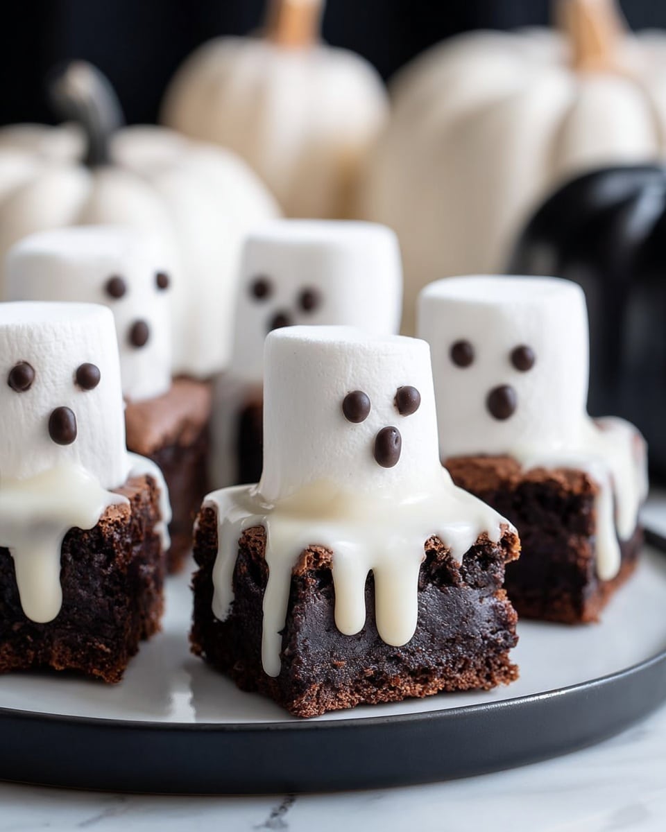 The image shows several small desserts made by placing a white marshmallow, covered in white melted chocolate that drips down the sides, sitting on top of a thick, dark brown chocolate brownie square. Each marshmallow is decorated with three small dark chocolate dots to look like eyes and a mouth, creating a ghost face effect. The treats are arranged on a round, black plate set on a white marbled surface, and the background includes some blurred white and black pumpkins. photo taken with an iphone --ar 4:5 --v 7