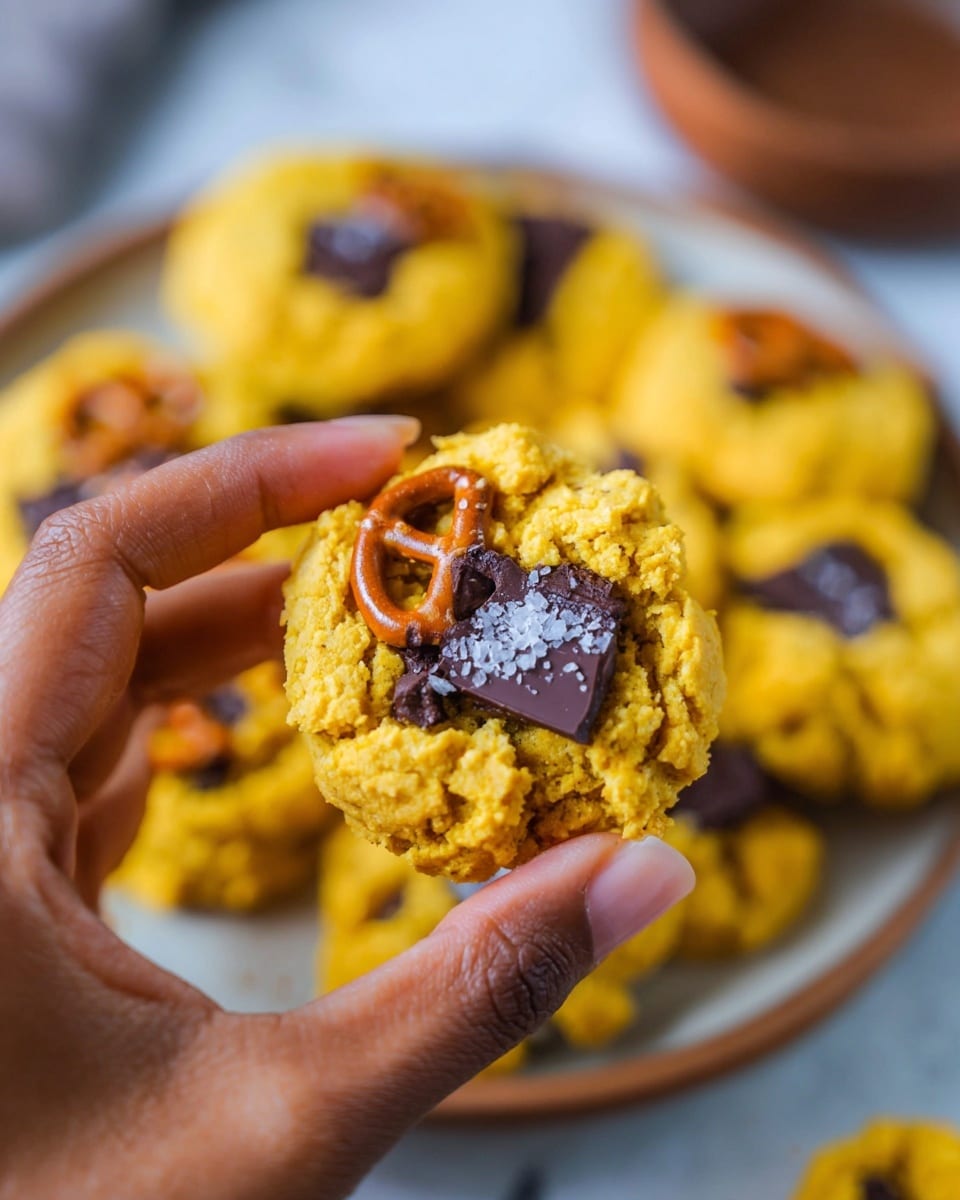A close-up image shows a golden yellow cookie with a rough, chunky texture being held by a woman's hand with smooth dark skin. The cookie has a large dark chocolate piece embedded near the center and a glossy brown pretzel placed on top with visible salt crystals. The background features a blurred plate full of similar yellow cookies on a white marbled surface. The overall focus is on the cookie and the woman's hand holding it, highlighting the contrast of colors and textures. photo taken with an iphone --ar 4:5 --v 7