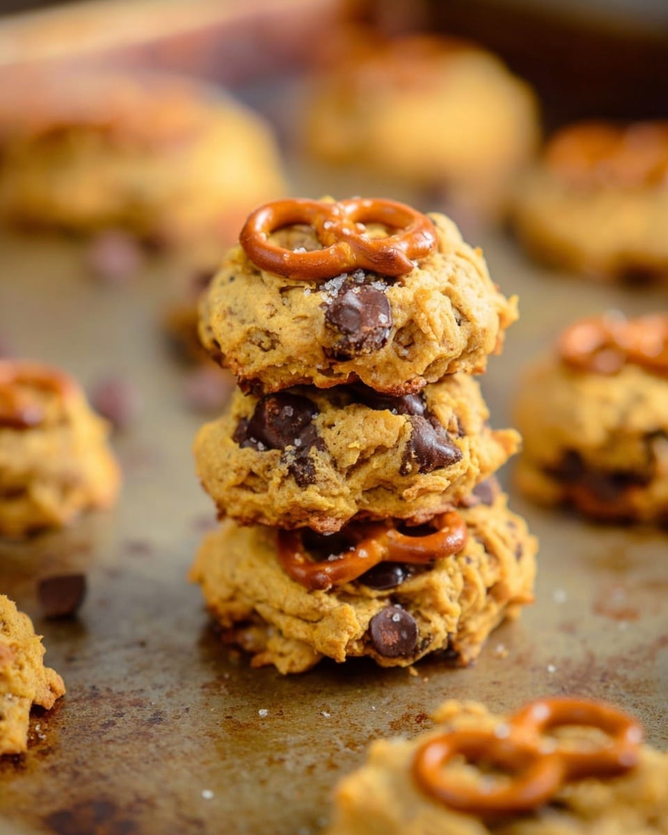 The image shows a stack of three golden-brown cookies with chocolate chips mixed inside, sitting on a baking tray with a slightly browned surface. The top cookie has a small pretzel placed on it, adding a crunchy texture and a light brown color contrast. Around the stack, more cookies with the same color and chocolate chips are scattered on the baking tray in soft focus. The cookies look soft and chunky with uneven edges, and the lighting highlights their warm, baked texture. photo taken with an iphone --ar 4:5 --v 7