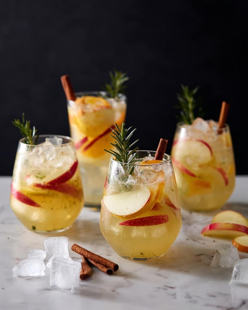 The image shows four clear glasses filled with a light yellow drink layered with thin slices of orange, red apple, and pear, all mixed with crushed ice on top. Each glass is garnished with a small green sprig of rosemary and a brown cinnamon stick. The glasses vary in shape, with one tall glass in the middle and three shorter, rounder glasses around it. The drinks are placed on a white marbled surface with a cinnamon stick and scattered ice pieces in the foreground. The background is dark and plain, making the colors of the fruit and drink stand out. photo taken with an iphone --ar 4:5 --v 7