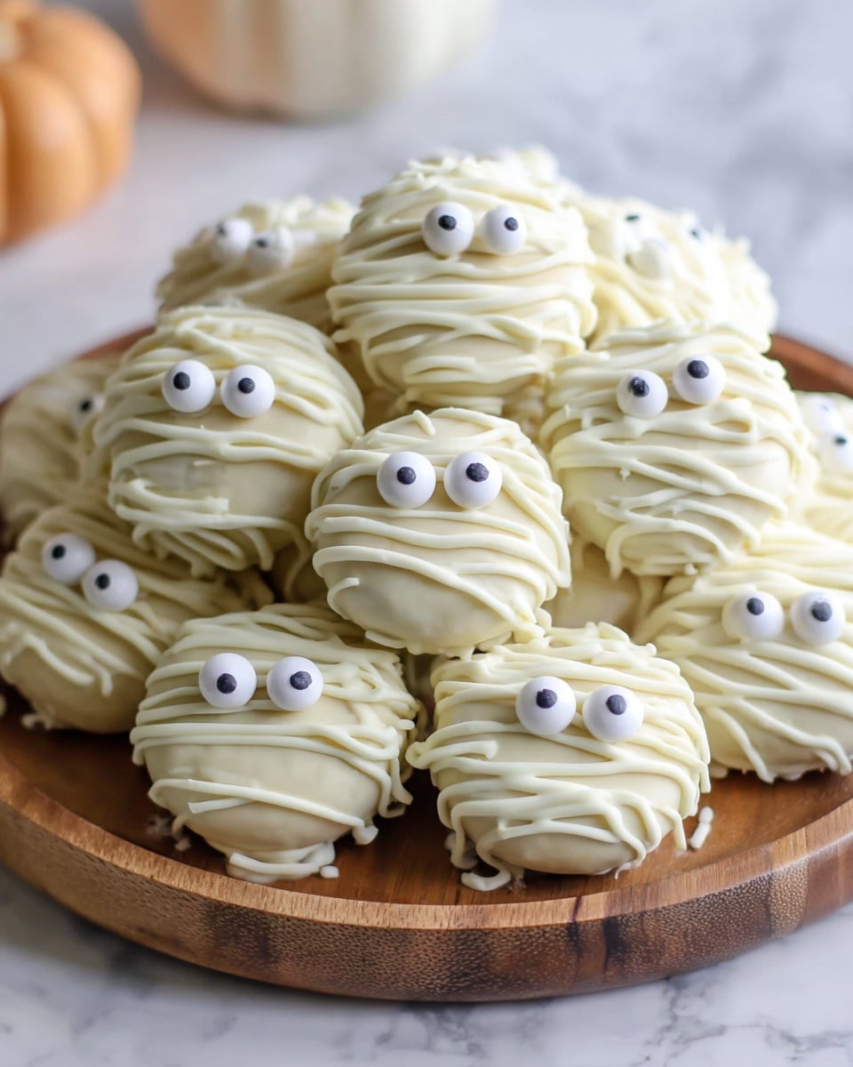 A wooden plate holds a pile of round treats decorated to look like mummies, each covered in thin lines of white coating that gives a tangled, stringy texture wrapping around the whole treat. On top of each, two white candy eyes with black pupils are placed unevenly, making them look playful and spooky. The plate sits on a white marbled surface, with small candy eyes and miniature pumpkins in orange and white scattered around, adding a festive touch. In the background, there is a clear glass with white liquid, all softly lit for a cozy feel. photo taken with an iphone --ar 4:5 --v 7
