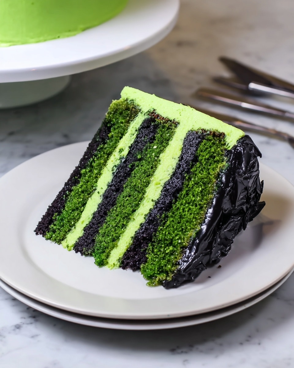 The cake is two layers tall with smooth bright green frosting covering the outside to look like a cartoon monster's face. The top layer has thick black frosting shaped like spikes or hair covering the whole surface. On the side, there are two large round eyes made from white and black frosting with small white dots for shine. Under the eyes, two small round pink cheeks and two gray round spots sit on the green face. One side has a stitched scar made with black lines and dots. The monster has small green ears on each side, and a small black curved smile in the middle below the eyes. The cake sits on a black round base on a white marbled surface. photo taken with an iphone --ar 4:5 --v 7