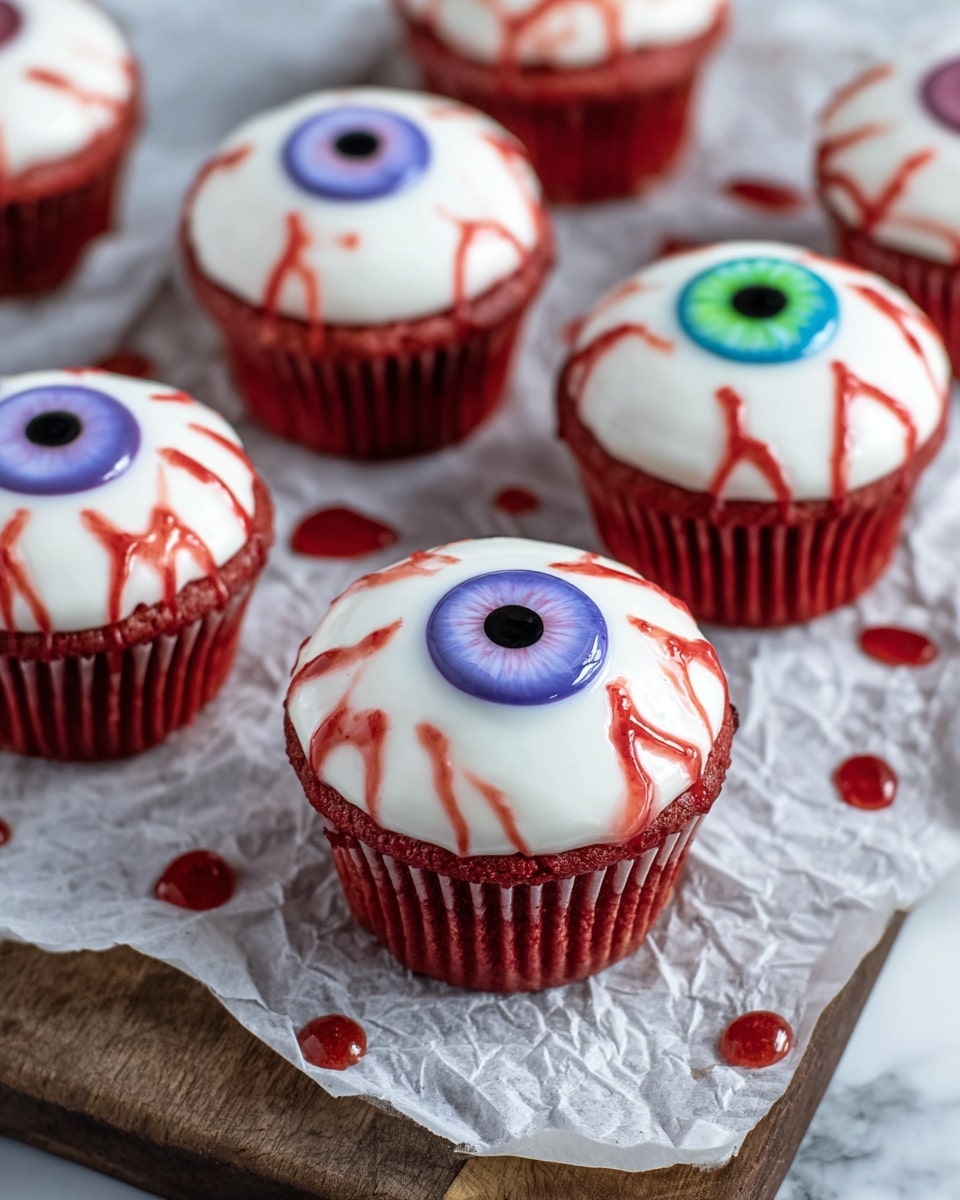 The image shows several cupcakes designed like eyeballs on a white marbled surface. Each cupcake has one main layer of smooth white frosting topped with a round candy piece in the center to look like the iris and pupil; the irises are colored in blue, green, and purple with a black pupil in the middle. Red squiggly lines, resembling veins, spread outward from the center across the white frosting. The cupcakes are in white paper wrappers, and there are small drops of red icing scattered on the surface. photo taken with an iphone --ar 4:5 --v 7
