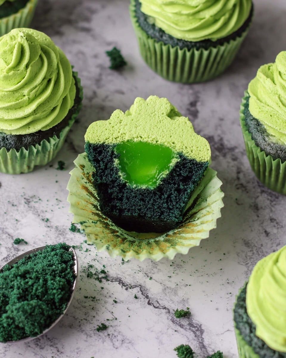 A green cupcake with a dark green base wrapped in a light green paper liner, topped with three thick swirls of bright green frosting shaped like a playful ghost or monster. The frosting has two round yellow eyes with small black dots in the middle, a black oval mouth with six white oval shapes for teeth, and a red tongue made of smooth fondant sticking out. The cupcakes are placed on a white marbled surface in the background. photo taken with an iphone --ar 4:5 --v 7