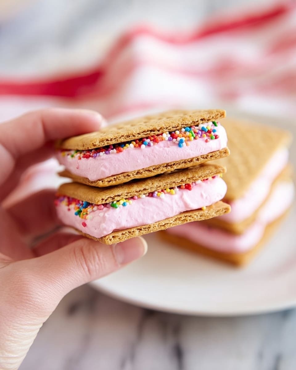 A stack of three layered graham cracker sandwiches filled with pink creamy filling is shown. The top sandwich has two golden-brown crackers with a middle layer of pink cream covered in red, purple, pink, and white heart-shaped sprinkles around the edges. The middle sandwich has two golden-brown crackers with smooth pink cream in between. The bottom sandwich also has golden-brown crackers with pink cream filled edges coated with bean-shaped and round colorful sprinkles including blue, orange, purple, white, and green. The stack sits on a white marbled surface with a red and white striped cloth underneath. Photo taken with an iphone --ar 4:5 --v 7