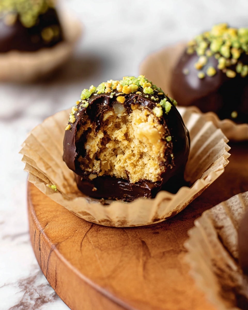 The image shows a close-up of a chocolate-covered ball with a bite taken out, exposing a crumbly, light golden inside. The chocolate coating is smooth and dark, with small green and yellow sprinkles on top. The ball sits on a beige paper liner with ruffled edges, placed on a wooden board with a white marbled surface in the background. Photo taken with an iphone --ar 4:5 --v 7