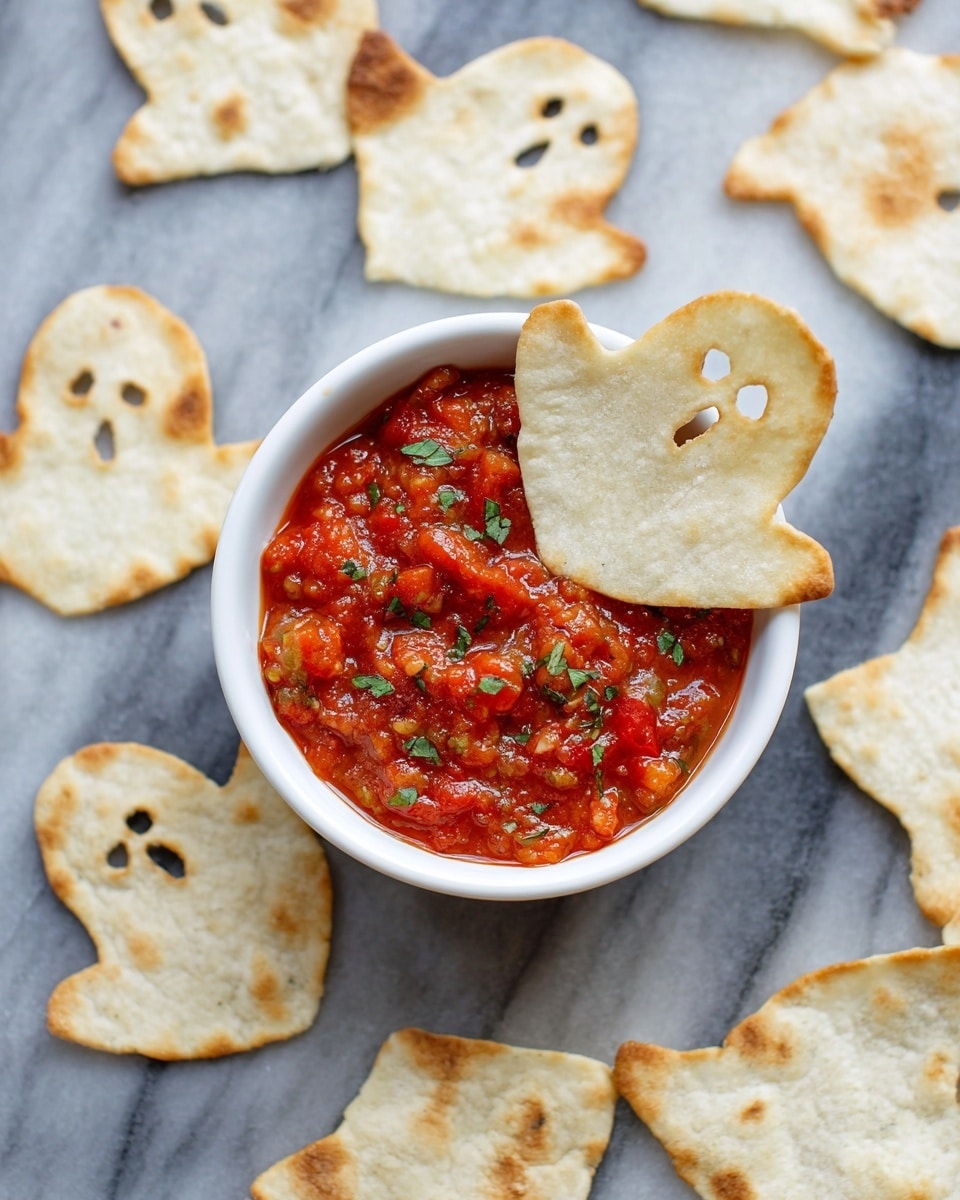 An oval white plate holds a layer of light yellow ghost-shaped chips with small brown spots and a sprinkle of salt. On top are two small round white bowls placed side by side in the center; one bowl has chunky green salsa with visible seeds, and the other has bright red salsa topped with small pieces of green herbs. Around the plate, several chips are scattered on a white marbled surface with a white cloth partially visible in the top left corner. Photo taken with an iphone --ar 4:5 --v 7
