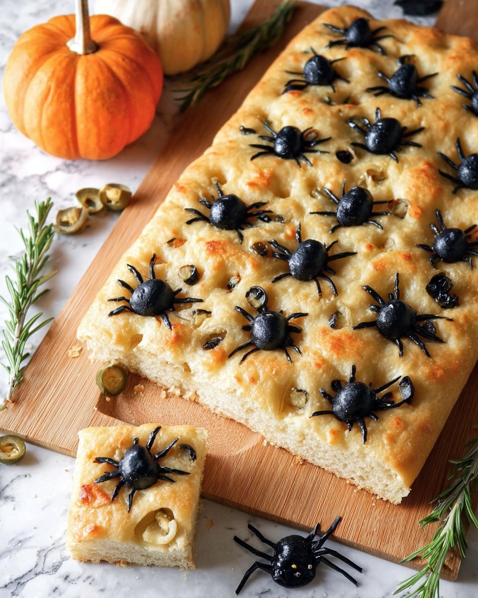 The image shows a rectangular focaccia bread with a golden-brown top layer dotted with small black olive pieces shaped like spiders, each spider made with a whole olive as the body and thin olive slices as legs spread across the surface. The bread looks soft and puffy with a slightly uneven surface, resting on a wooden board with one square piece cut out at the bottom left. Around the bread, there are autumn leaves in orange and brown tones, a small pumpkin, and rosemary sprigs, all placed on a white marbled surface. A small black plastic spider is near the cut piece, adding to the spooky theme. Photo taken with an iphone --ar 4:5 --v 7