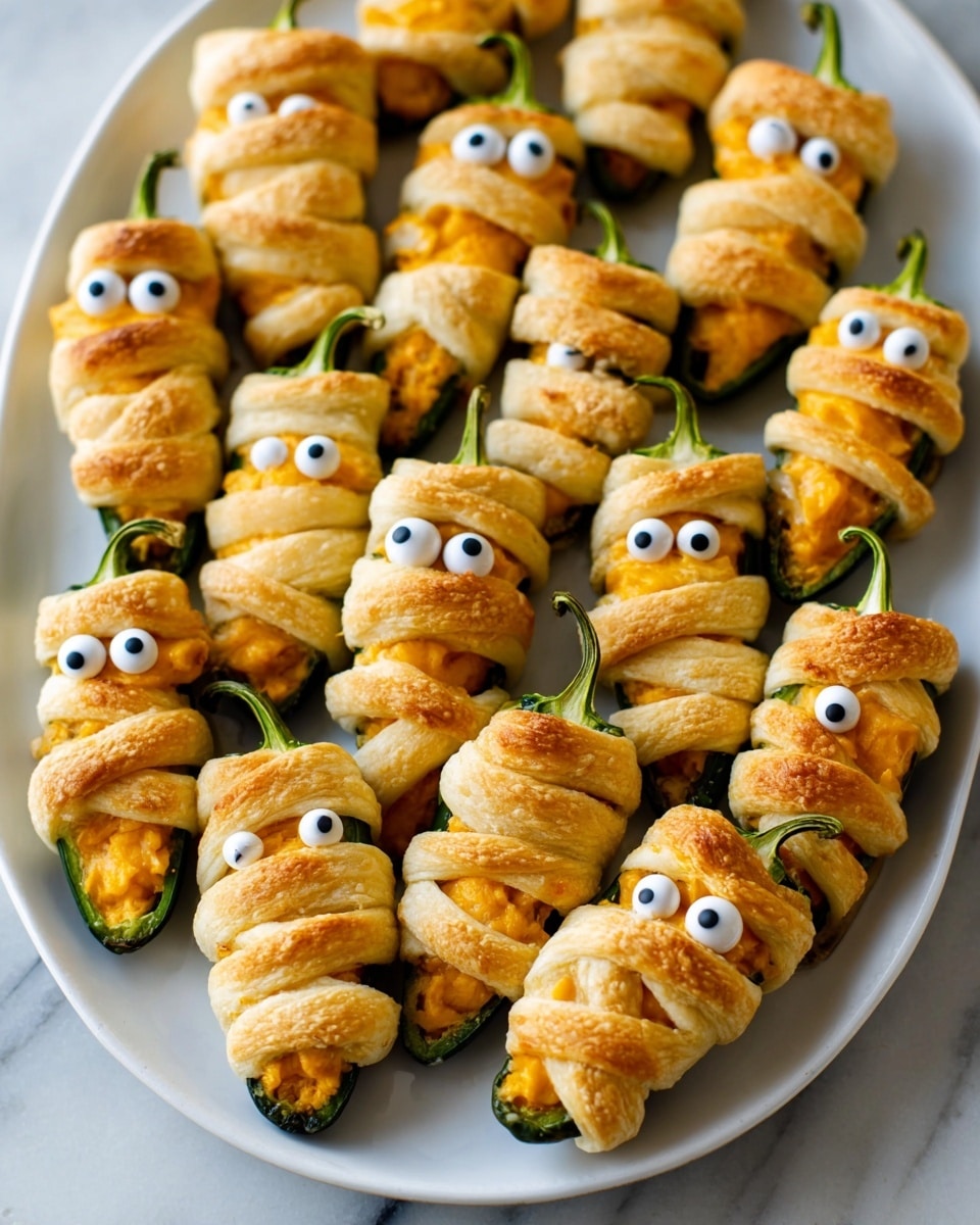 The image shows many small jalapeño halves filled with a cheesy, creamy mixture that is pale orange and white. Each jalapeño is wrapped with golden-brown dough strips, styled to look like little mummies with visible small edible candy eyes placed in the middle, giving a cute and playful expression. The jalapeños lie on a white marbled surface, arranged in a scattered pattern with shadows adding depth to the scene. The dough looks soft and slightly shiny, while the melted cheese filling appears smooth with some slight browning on top. Photo taken with an iphone --ar 4:5 --v 7