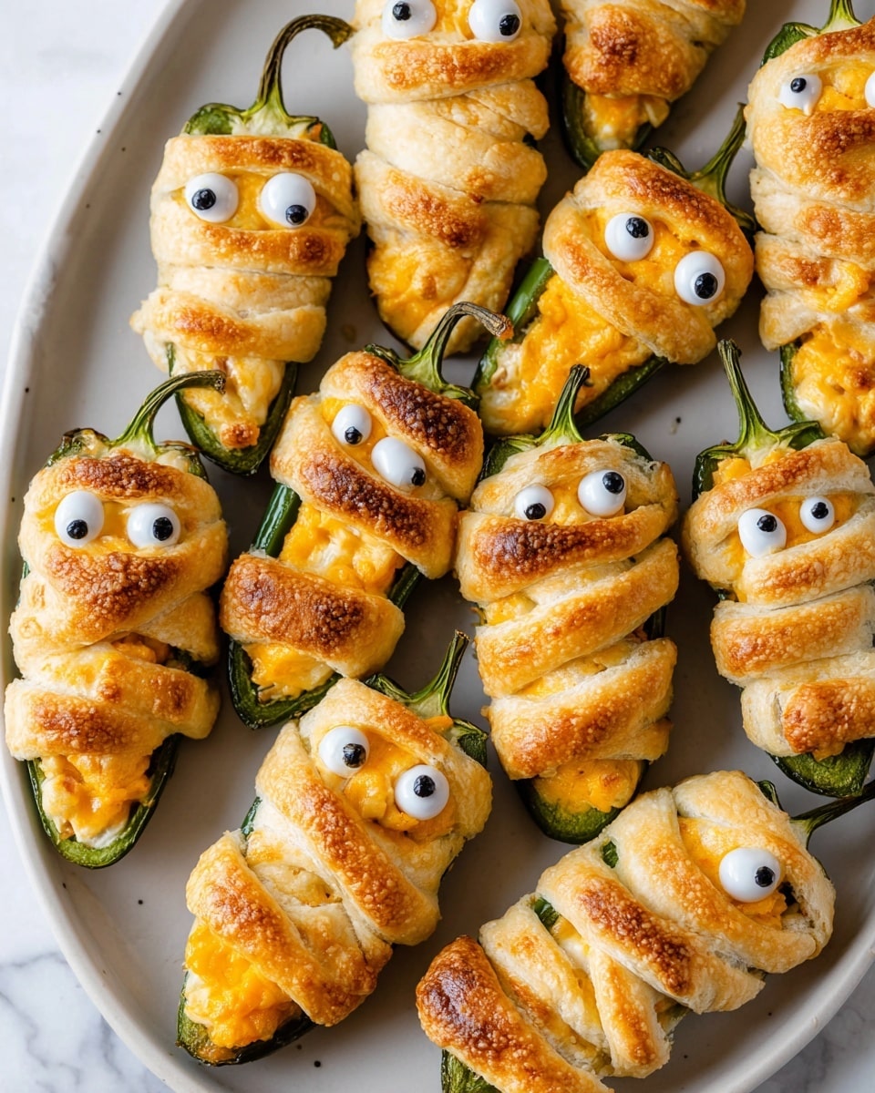 The image shows a white oval plate filled with small stuffed jalapeño peppers wrapped in golden-brown dough strips that look like mummy bandages. Each jalapeño is dark green with layers of creamy orange cheese and white filling visible under the dough wraps. Small round white candy eyes with black centers are placed on each pepper, giving them a playful and spooky look. The plate sits on a white marbled surface, with the peppers closely arranged in rows. The dough has a soft texture with light browning on the edges, making the peppers appear wrapped and cozy. photo taken with an iphone --ar 4:5 --v 7