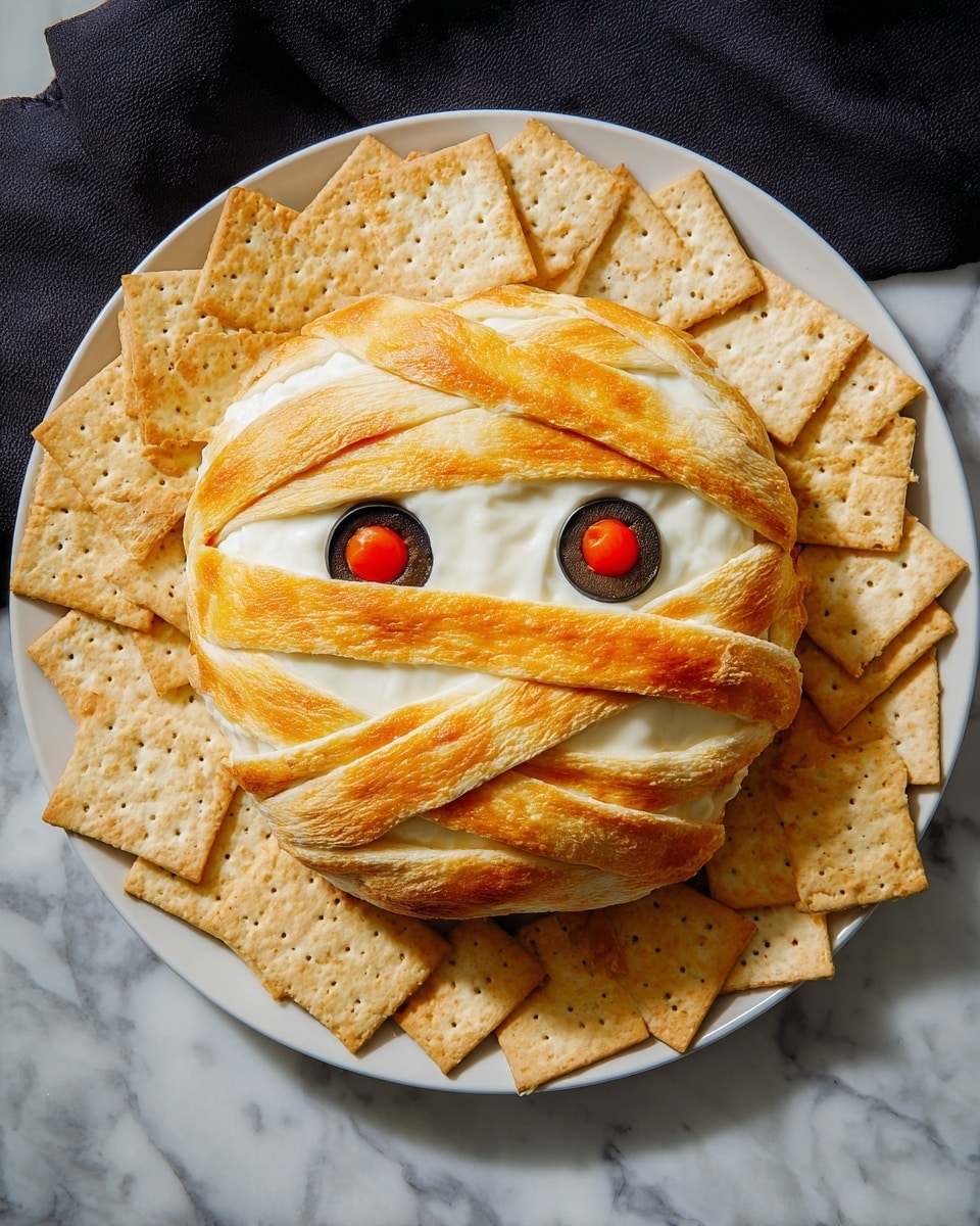 A round dish on a white plate sits on a white marbled surface, designed like a mummy face with three layers: the bottom layer is smooth, creamy white cheese; the second layer consists of thin golden-brown baked dough strips placed crossing each other to look like bandages; the top layer features two round black olive slices with small red cherry tomato pieces in their centers to create eyes. The plate is surrounded by square light beige crackers. Photo taken with an iphone --ar 4:5 --v 7