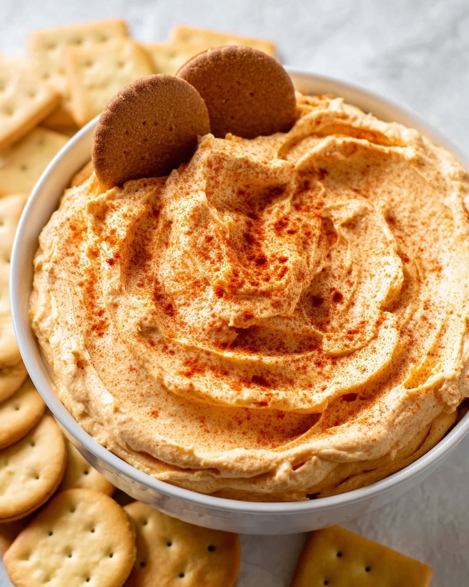 A white bowl filled with a thick, creamy dip that is light orange in color. The surface of the dip is uneven with swirls and sprinkled with a layer of reddish-orange spice. Two round brown cookies are placed on the edge of the bowl, partially dipped into the spread. Around the bowl, light yellow rectangular crackers and additional round cookies rest on a white marbled surface. Photo taken with an iphone --ar 4:5 --v 7