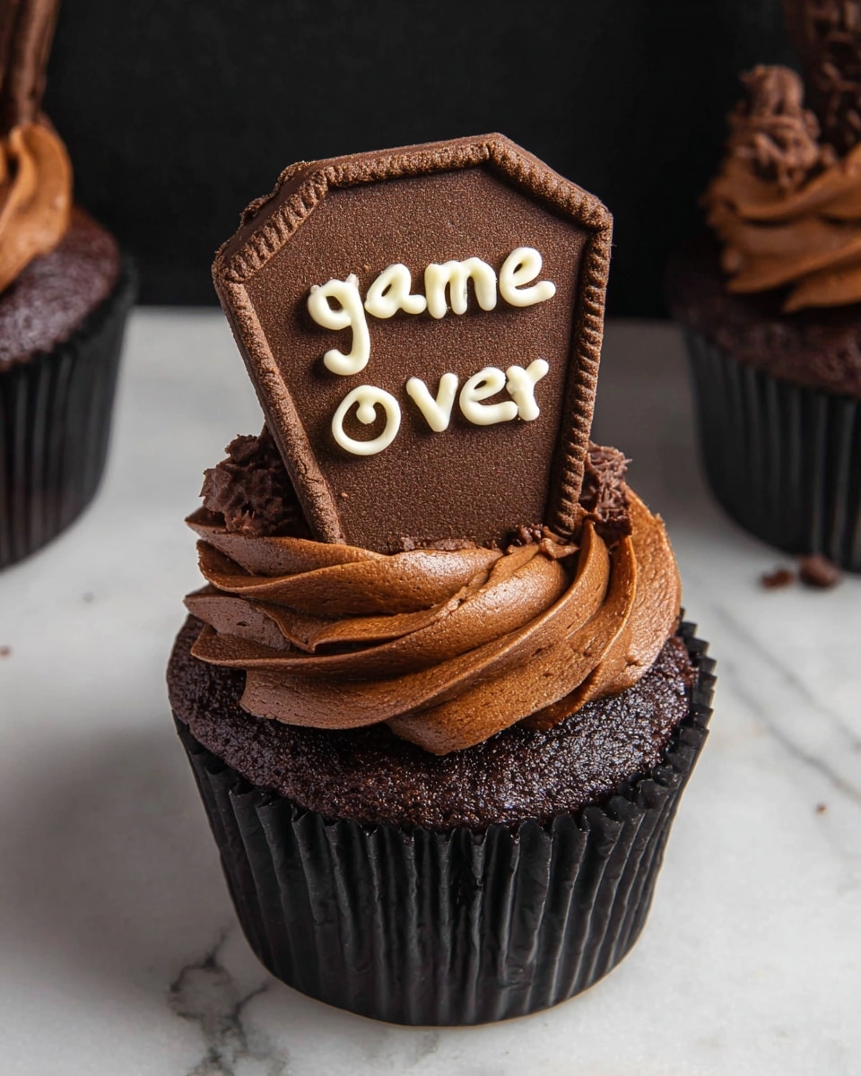 A dark brown chocolate cupcake in a black paper liner forms the base, topped with a thick swirl of rich, smooth chocolate frosting that has a soft, creamy texture. Stuck into the frosting is a small rectangular piece of chocolate with the words