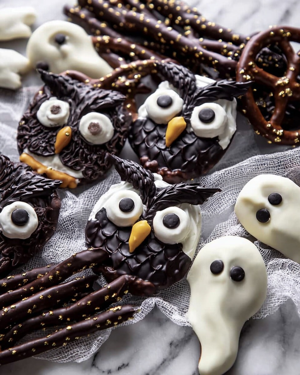A collection of Halloween-themed treats arranged on a white marbled texture with some white cheesecloth under them. There are multiple cookies with dark chocolate sandwich bases decorated as spooky faces: some are half-covered with smooth white chocolate while others are covered with dark chocolate, each with candy eyes placed on top and black licorice strips as hair or mouth details. Long chocolate sticks covered in dark chocolate and decorated with gold sprinkles are mixed among the cookies. There are also round white chocolate treats with two dark chocolate disks on top, resembling eyes. The overall colors are dark brown, white, black, and spots of gold, creating a spooky and festive look. Photo taken with an iphone --ar 4:5 --v 7