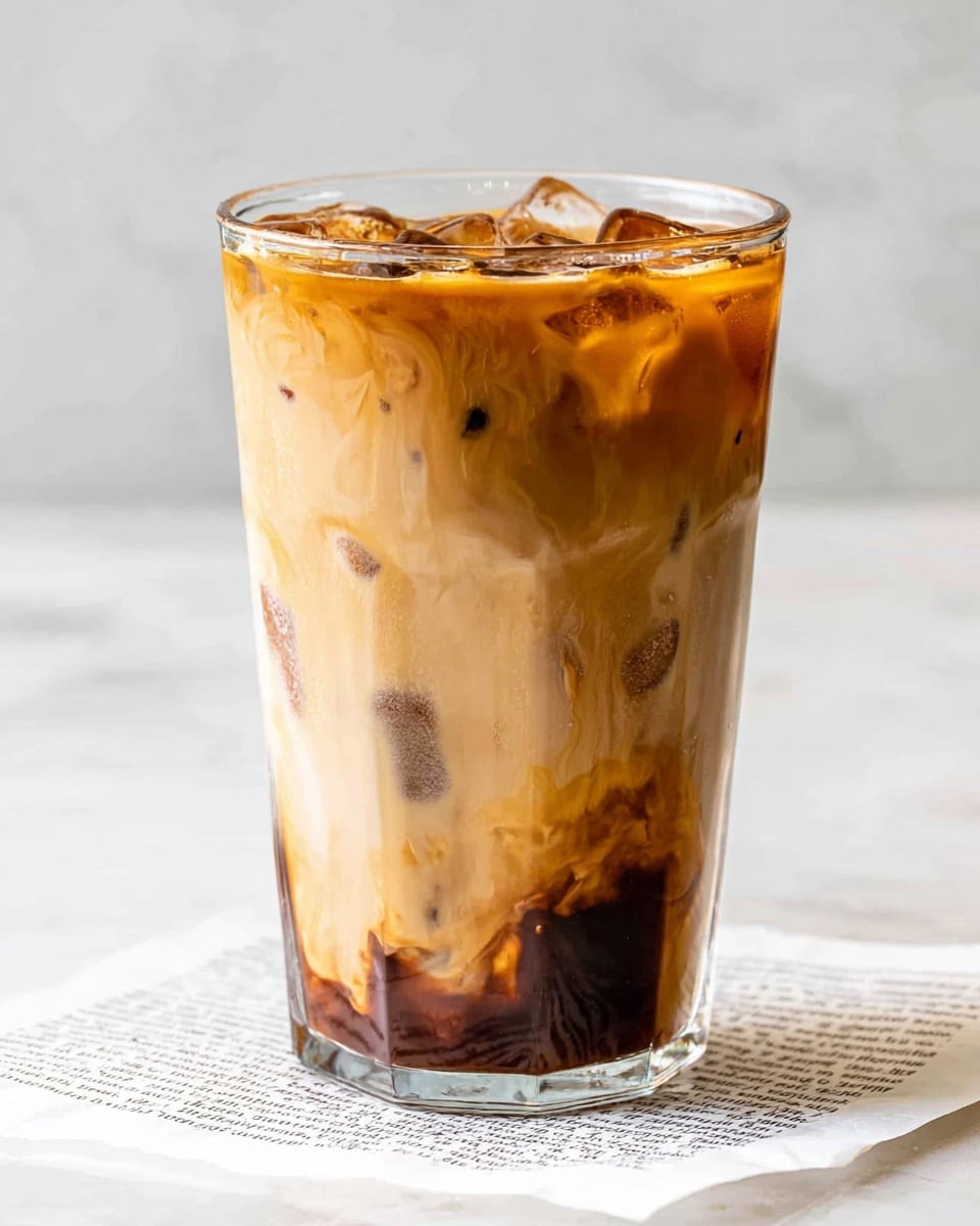A tall clear glass filled with three main layers: the bottom dark brown layer made of coffee with ice cubes, a middle layer of light brown coffee mixed with cream swirling gently inside, and a top layer showing a thin, darker coffee layer with visible ice cubes sitting just beneath the glass rim. The glass sits on white marbled texture with paper underneath, showing some text. The background is soft and plain, focusing fully on the drink. Photo taken with an iphone --ar 4:5 --v 7