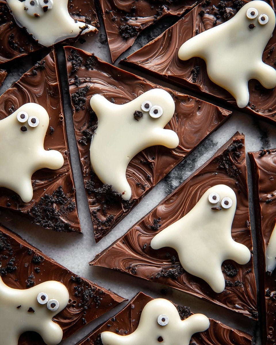 The image shows a close-up of chocolate bark cut into triangular pieces on a white marbled surface. Each piece has a smooth dark chocolate base with swirled textures, topped with irregular white chocolate shapes that look like ghosts. The white chocolate ghosts have two small round candy eyes, giving a playful look. Some pieces are sprinkled with small black crumbs for extra detail. The chocolate pieces are laid close together, filling the frame fully. photo taken with an iphone --ar 4:5 --v 7