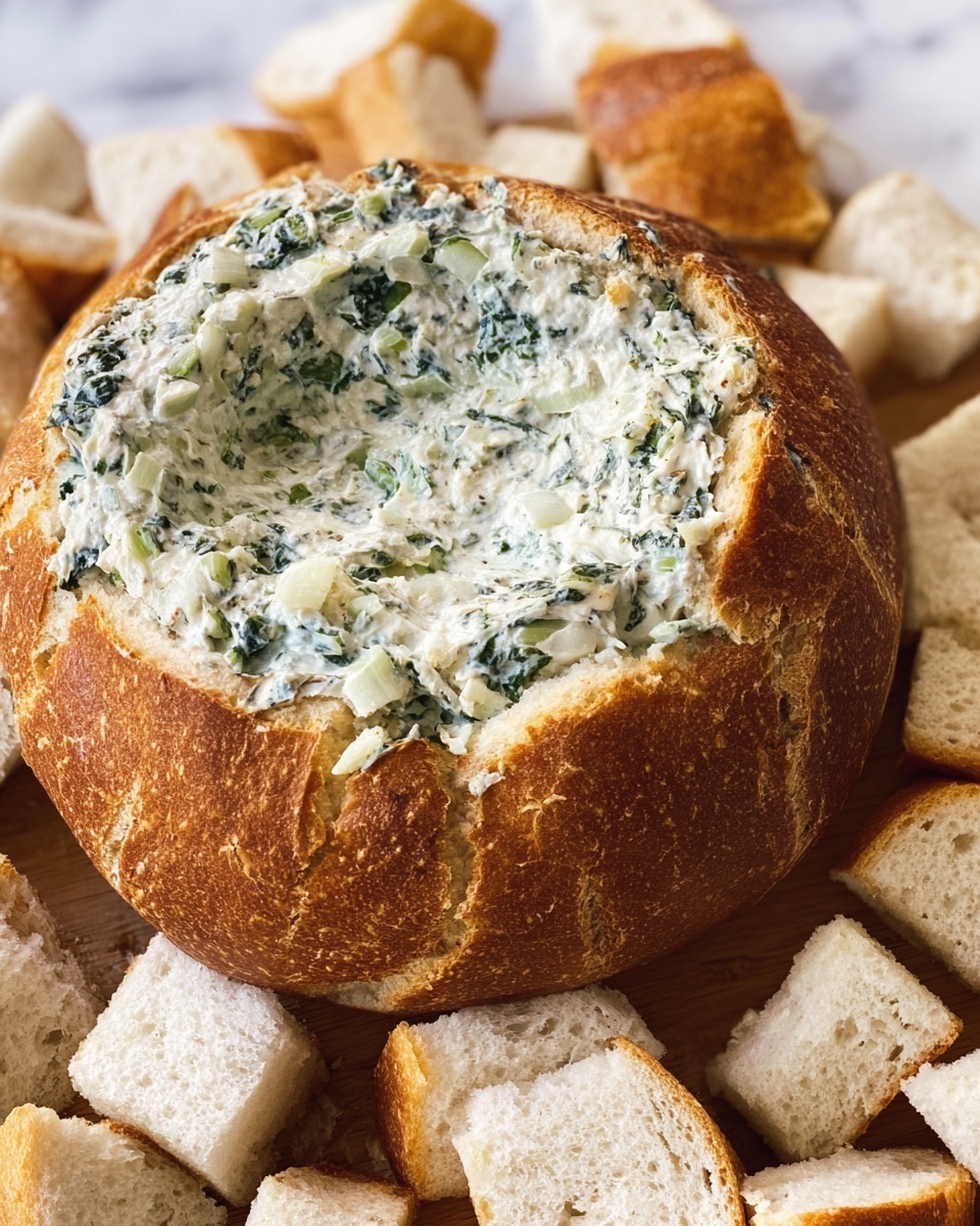 A round loaf of bread has the top hollowed out and is filled with a creamy spinach dip that is light green with visible small spinach leaves and chunks of onion mixed in. Around the bread bowl, there are many white bread pieces for dipping. The bread has a golden brown crust with a cracked texture, and the inside looks soft and white. The scene is set on a white marbled surface. photo taken with an iphone --ar 4:5 --v 7