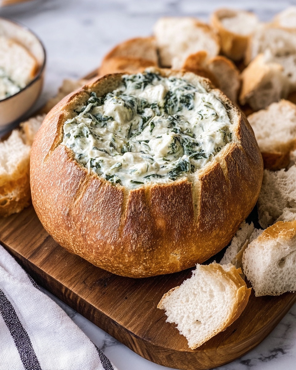 A round bread bowl with a crusty brown top layer, hollowed in the center and filled with a creamy white spinach dip that has visible green spinach pieces and chunks of bread. The bread bowl sits on a wooden board surrounded by torn pieces of soft white bread. There is a white cloth with thin black stripes partially visible on the left side of the board. The background is changed to a white marbled texture. Photo taken with an iphone --ar 4:5 --v 7